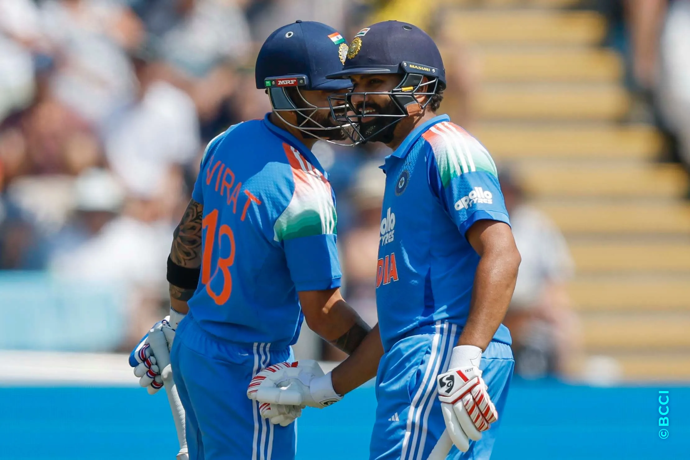 Virat Kohli and Rohit Sharma of India during the 2nd ODI match between England and India at the Sophia Gardens, Cardiff, Wales on July 16, 2026.Photo: Deepak Malik / CREIMAS for BCCI