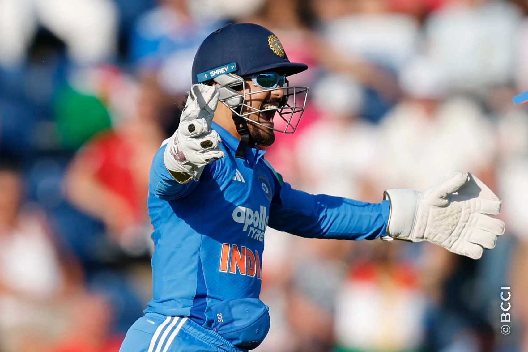 Ishan Kishan of India celebrates the wicket of Sam Curran during the 2nd ODI match between England and India at the Sophia Gardens, Cardiff, Wales on July 16, 2026.Photo: Deepak Malik / CREIMAS for BCCI