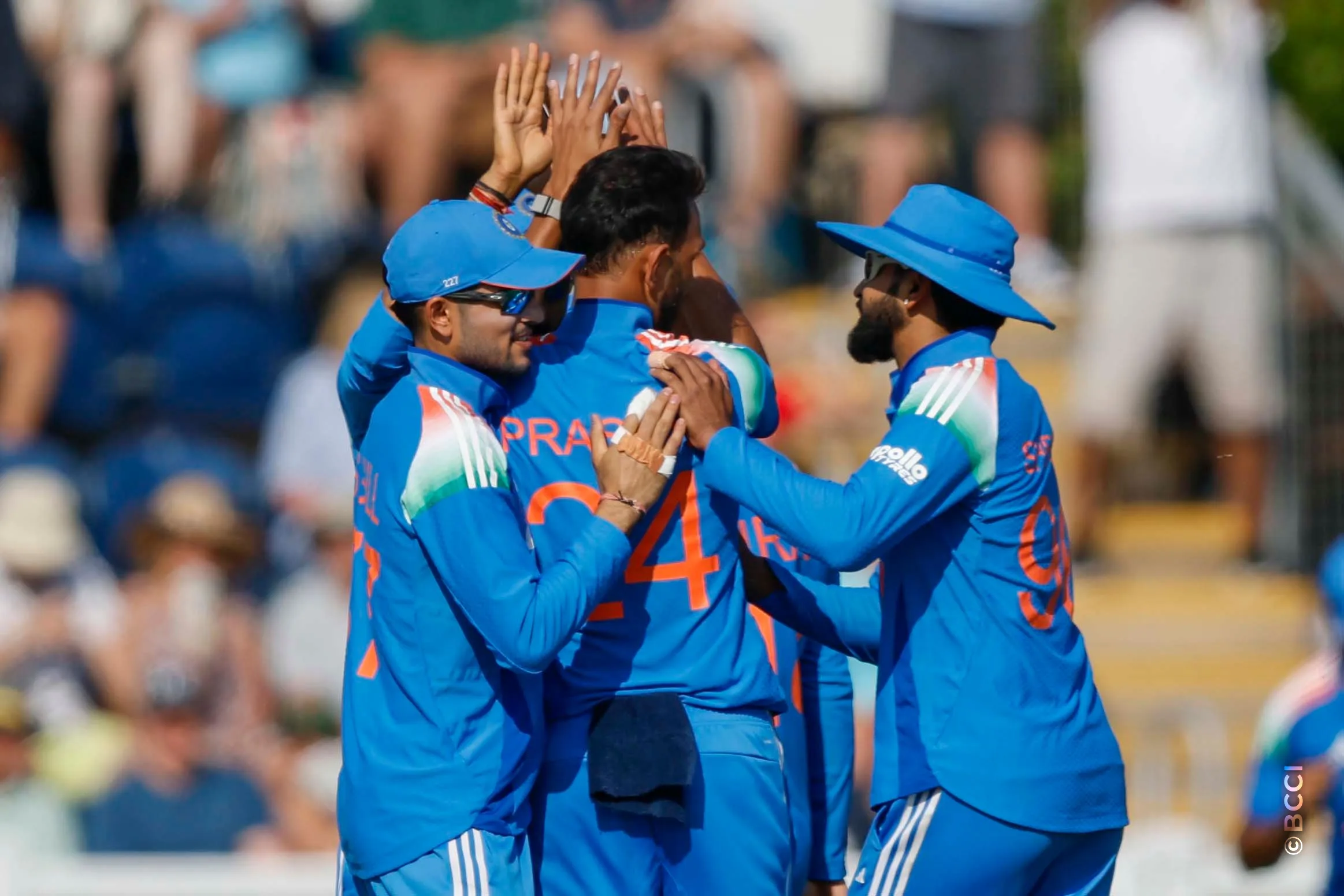 Prasidh Krishna of India celebrates the wicket of Jacob Bethell during the 2nd ODI match between England and India at the Sophia Gardens, Cardiff, Wales on July 16, 2026.Photo: Deepak Malik / CREIMAS for BCCI