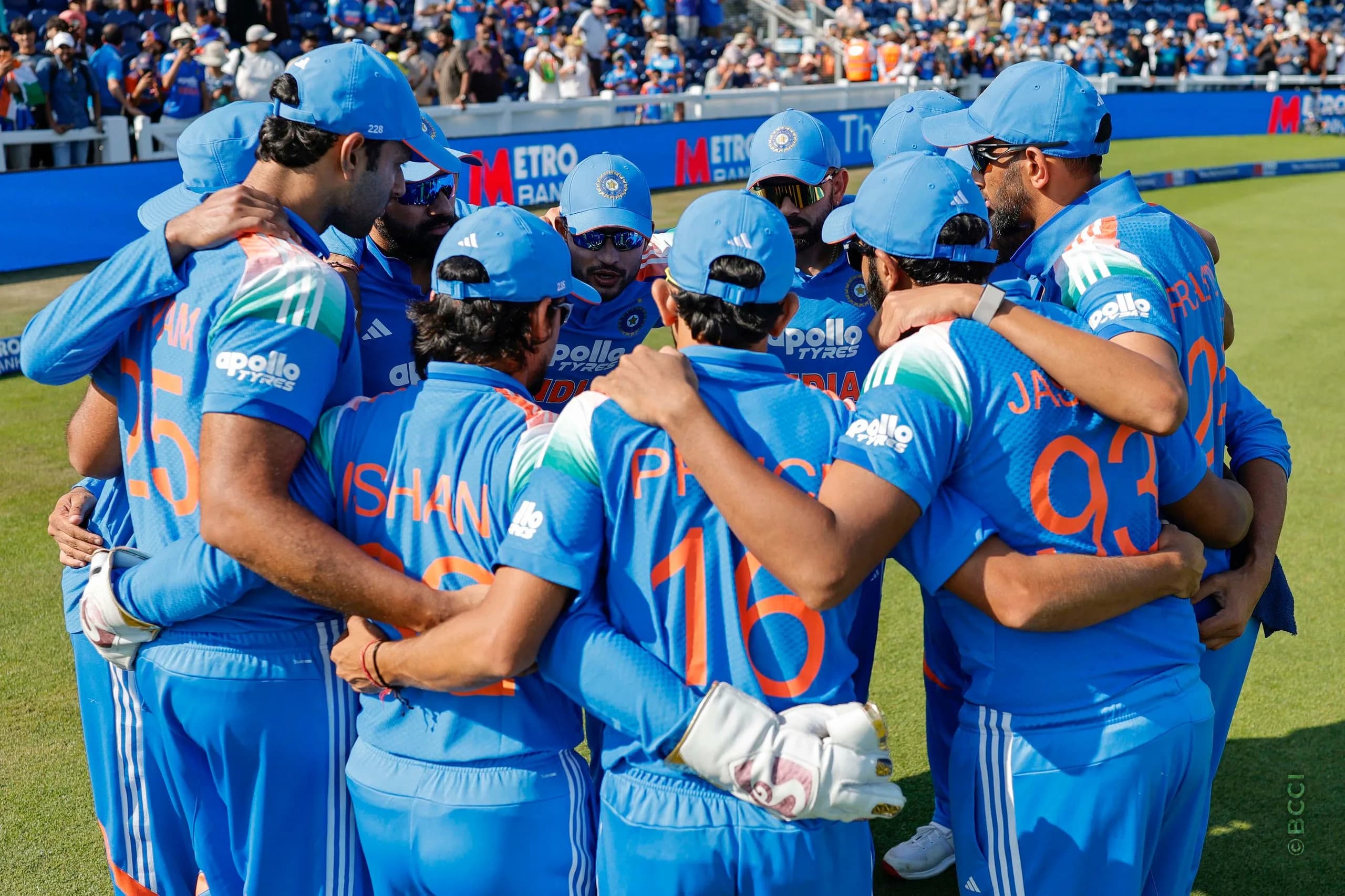 Shubman Gill (C) of India with teammates during the 2nd ODI match between England and India at the Sophia Gardens, Cardiff, Wales on July 16, 2026.Photo: Deepak Malik / CREIMAS for BCCI
