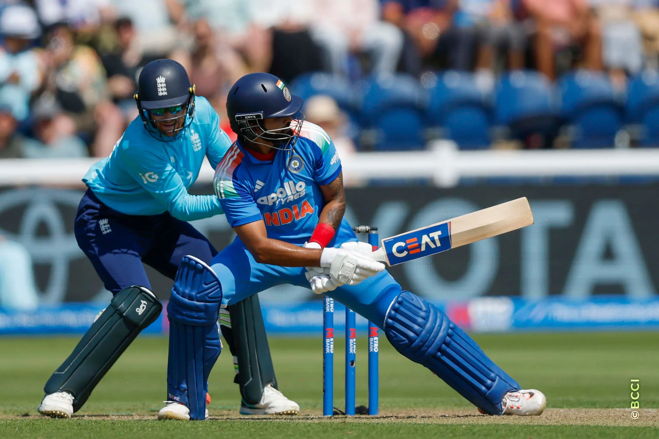 Shreyas Iyer of India plays a shot during the 2nd ODI match between England and India at the Sophia Gardens, Cardiff, Wales on July 16, 2026.Photo: Deepak Malik / CREIMAS for BCCI