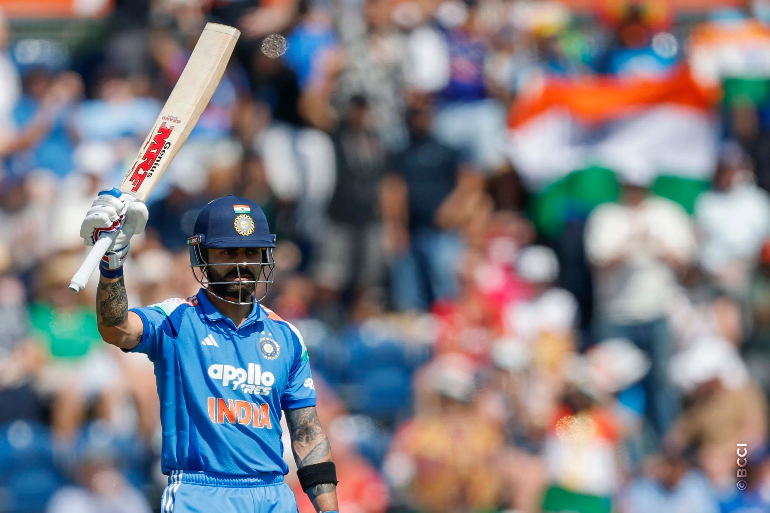 Virat Kohli of India raises his bat after scoring a fifty during the 2nd ODI match between England and India at the Sophia Gardens, Cardiff, Wales on July 16, 2026.Photo: Deepak Malik / CREIMAS for BCCI
