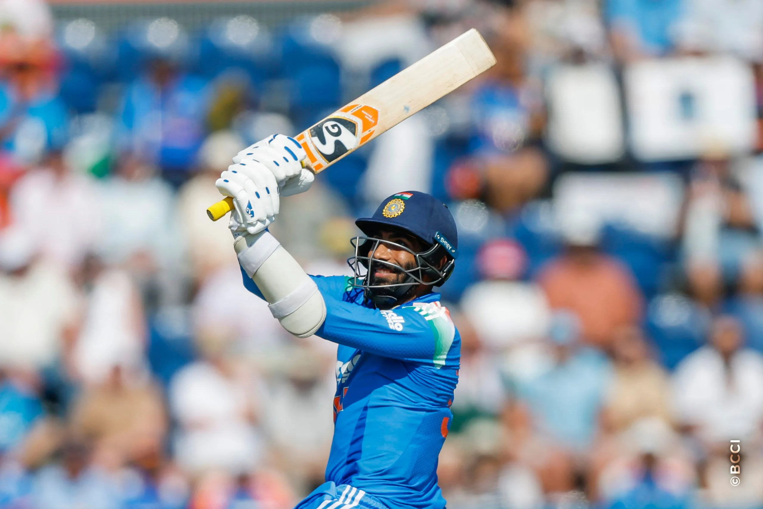 Jasprit Bumrah of India plays a shot during the 2nd ODI match between England and India at the Sophia Gardens, Cardiff, Wales on July 16, 2026.Photo: Deepak Malik / CREIMAS for BCCI
