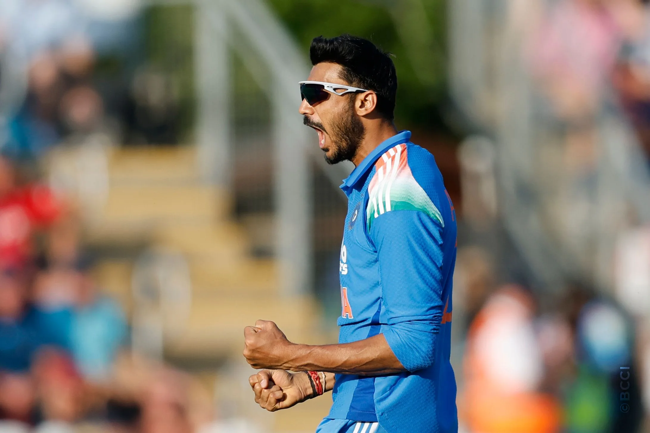 Axar Patel of India celebrates the wicket of Jos Buttler during the 2nd ODI match between England and India at the Sophia Gardens, Cardiff, Wales on July 16, 2026.Photo: Deepak Malik / CREIMAS for BCCI