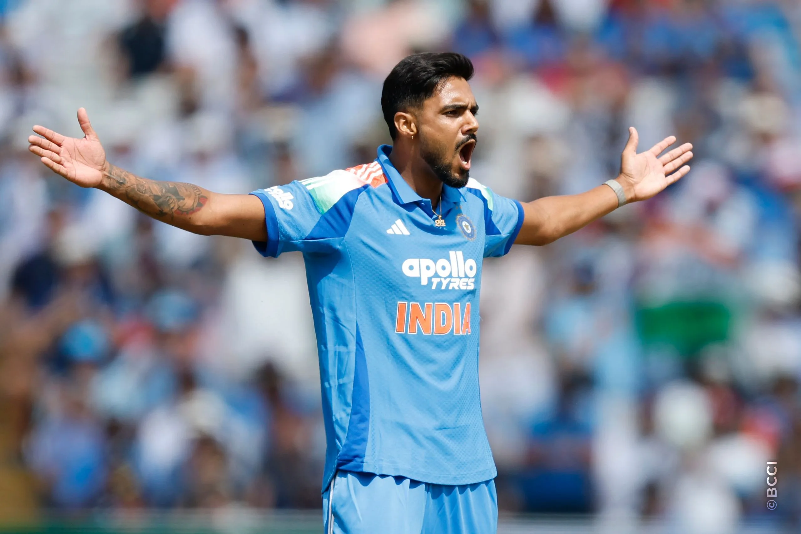 Gurnoor Brar of India celebrates the wicket of Ben Duckett during the 1st ODI match between England and India at the Edgbaston, Birmingham, England on July 14, 2026.Photo: Deepak Malik / CREIMAS for BCCI