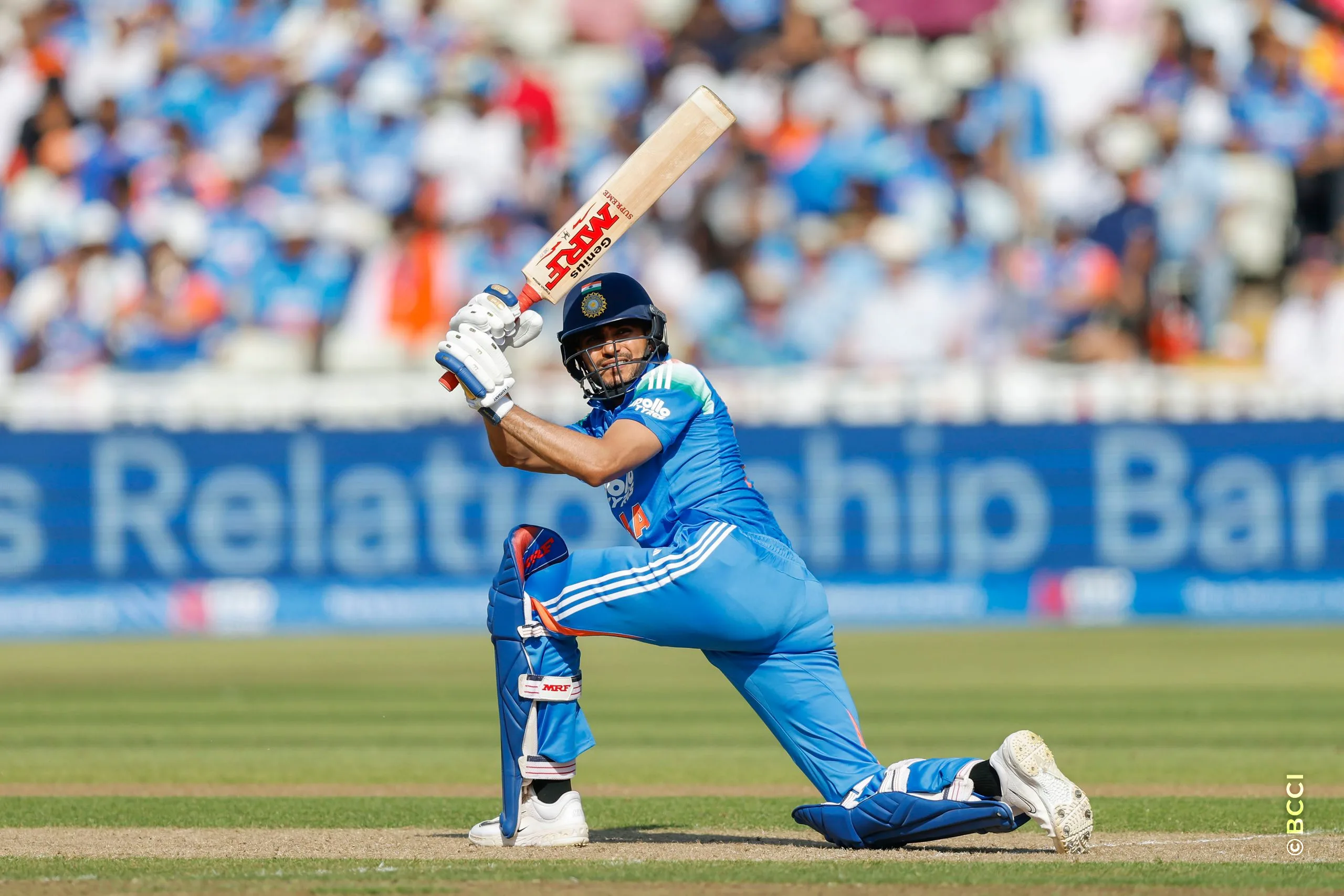 Shubman Gill (C) of India plays a shot during the 1st ODI match between England and India at the Edgbaston, Birmingham, England on July 14, 2026.Photo: Deepak Malik / CREIMAS for BCCI