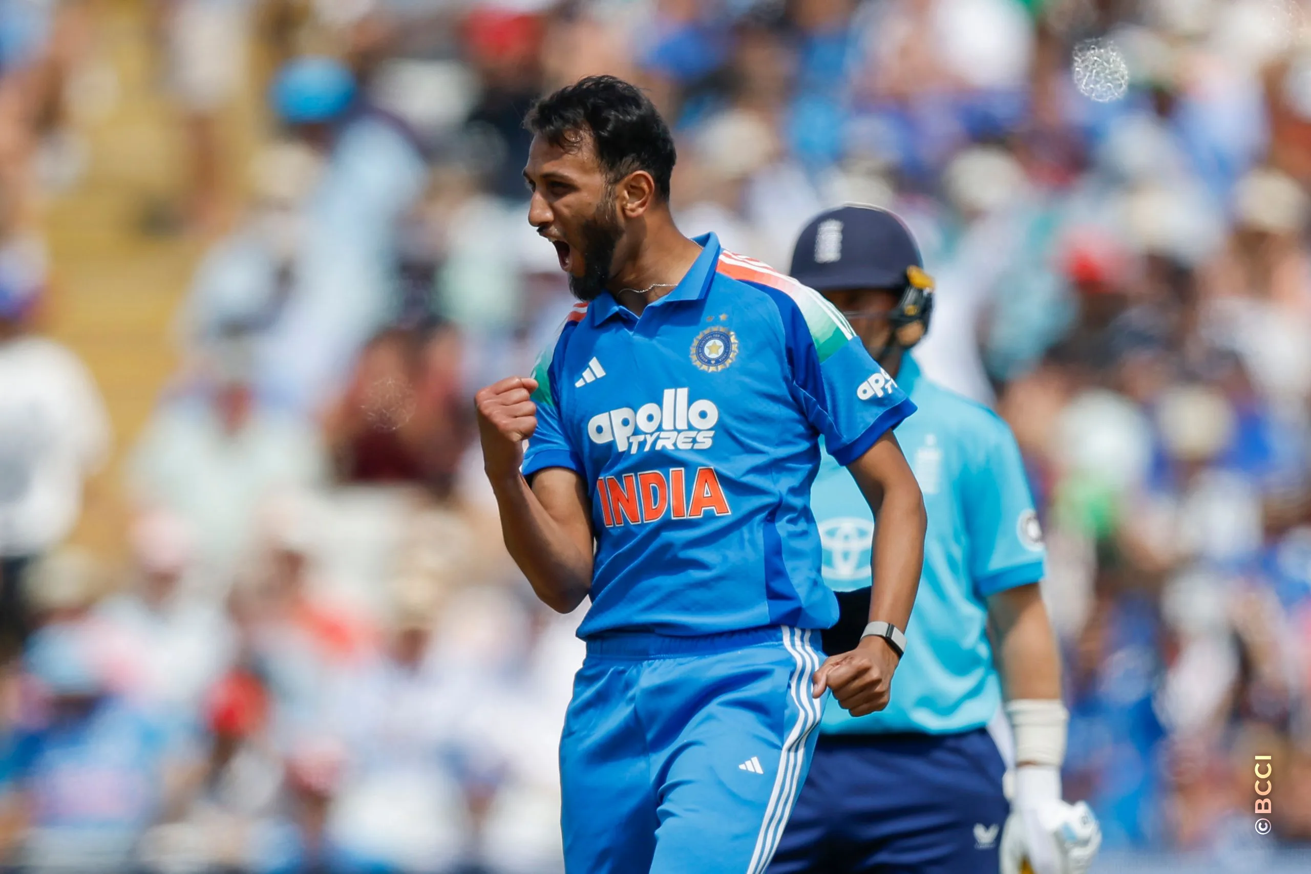 Prasidh Krishna of India celebrates the wicket of Sam Curran during the 1st ODI match between England and India at the Edgbaston, Birmingham, England on July 14, 2026.Photo: Deepak Malik / CREIMAS for BCCI