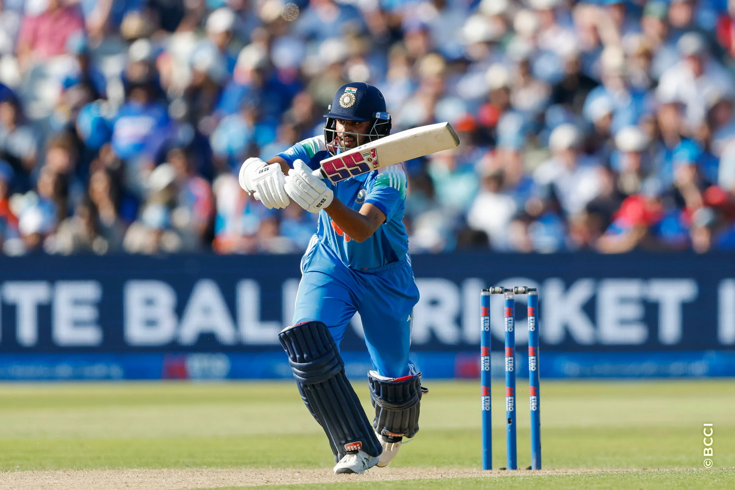 Washington Sundar of India plays a shot during the 1st ODI match between England and India at the Edgbaston, Birmingham, England on July 14, 2026.Photo: Deepak Malik / CREIMAS for BCCI