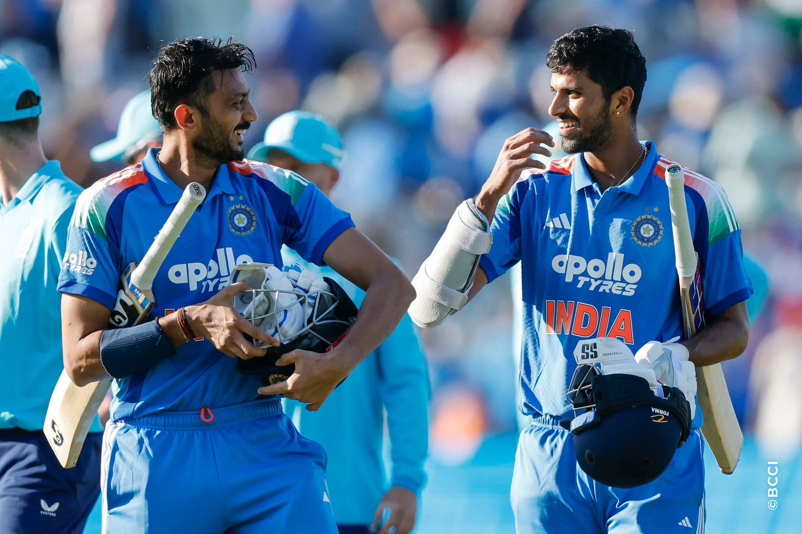 Washington Sundar and Axar Patel of India celebrate win during the 1st ODI match between England and India at the Edgbaston, Birmingham, England on July 14, 2026.Photo: Deepak Malik / CREIMAS for BCCI