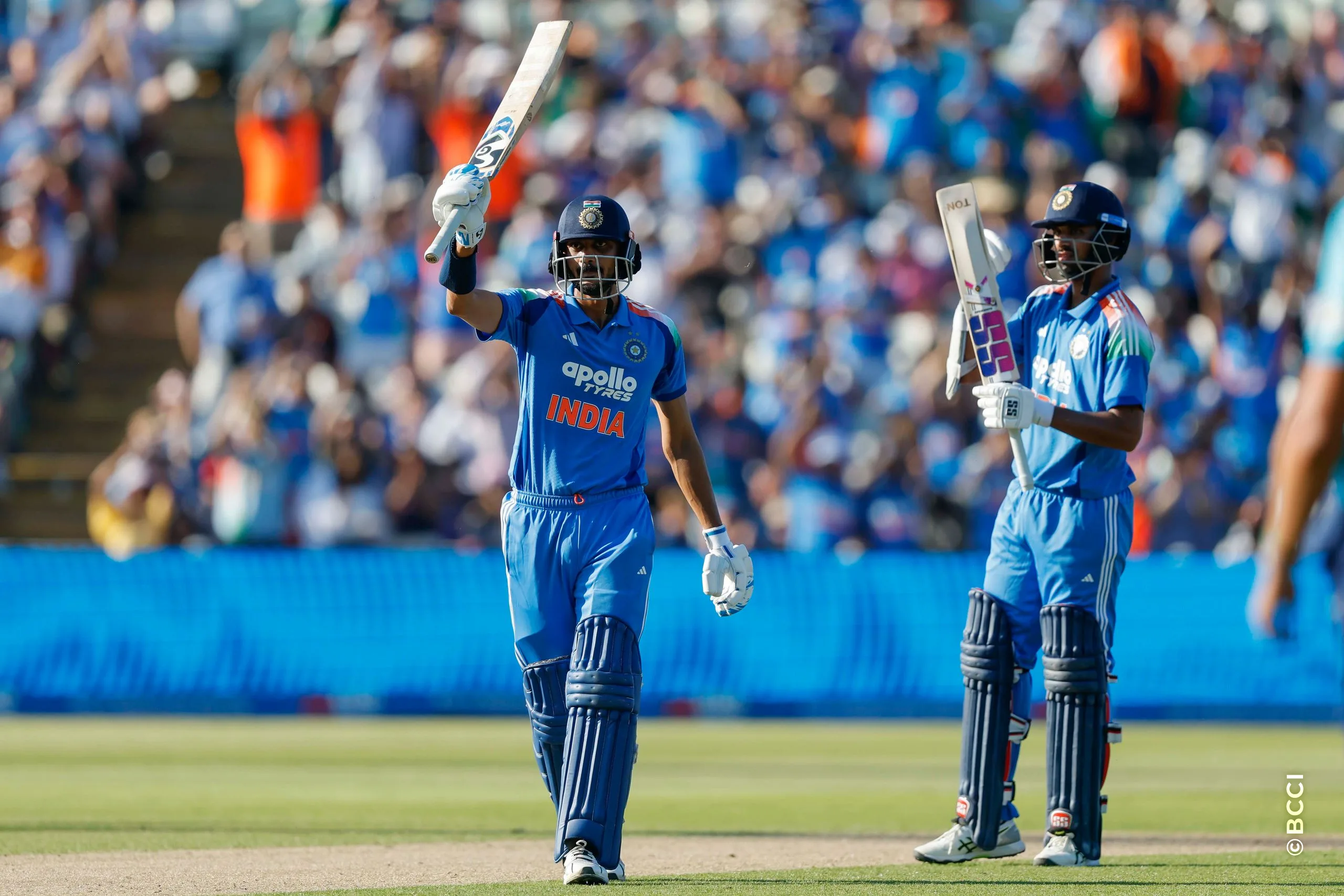 Axar Patel of India raises his bat after scoring a fifty during the 1st ODI match between England and India at the Edgbaston, Birmingham, England on July 14, 2026.Photo: Deepak Malik / CREIMAS for BCCI