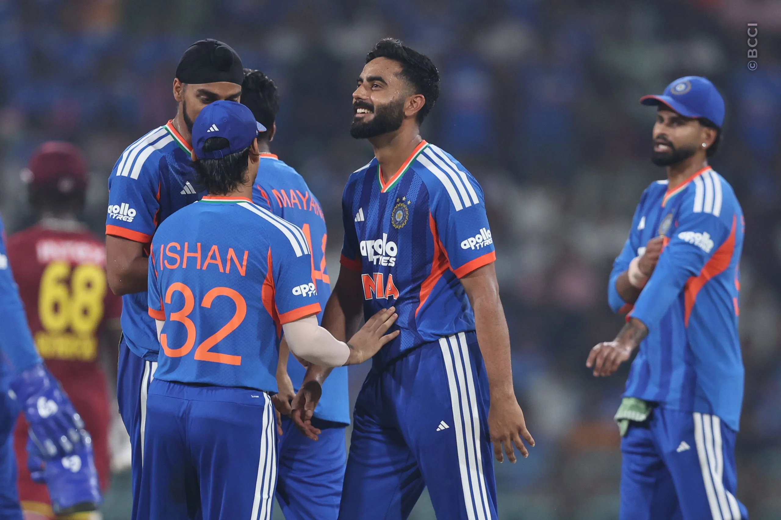 Naman Dhir of India celebrates the wicket of Shamar Springer  of West Indies during the 1st T20I match between India and West Indies at the Bharat Ratna Shri Atal Bihari Vajpayee Ekana Cricket Stadium, Lucknow, India on October 6, 2026.Photo: Pankaj Nangia / CREIMAS for BCCI