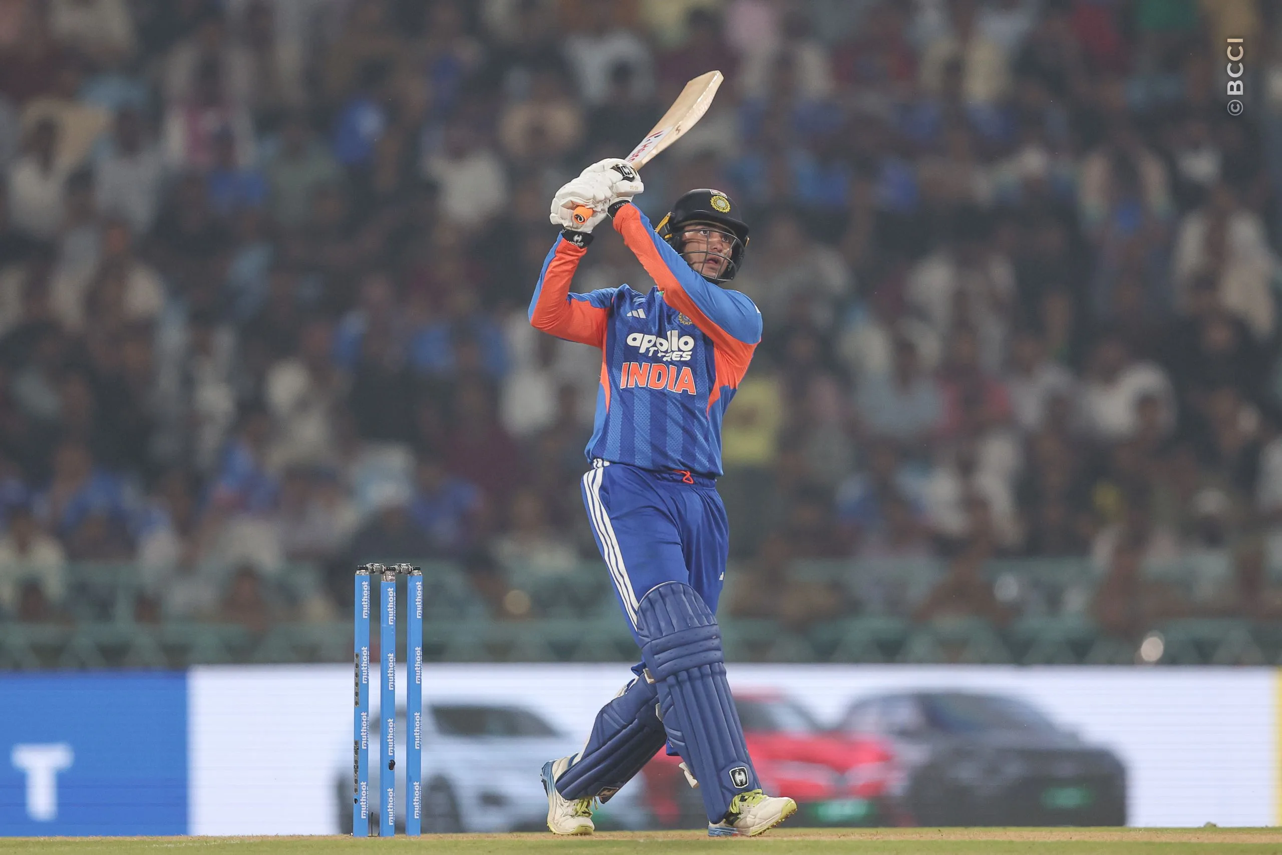Abhishek Sharma of India plays a shot during the 1st T20I match between India and West Indies at the Bharat Ratna Shri Atal Bihari Vajpayee Ekana Cricket Stadium, Lucknow, India on October 6, 2026.Photo: Pankaj Nangia / CREIMAS for BCCI