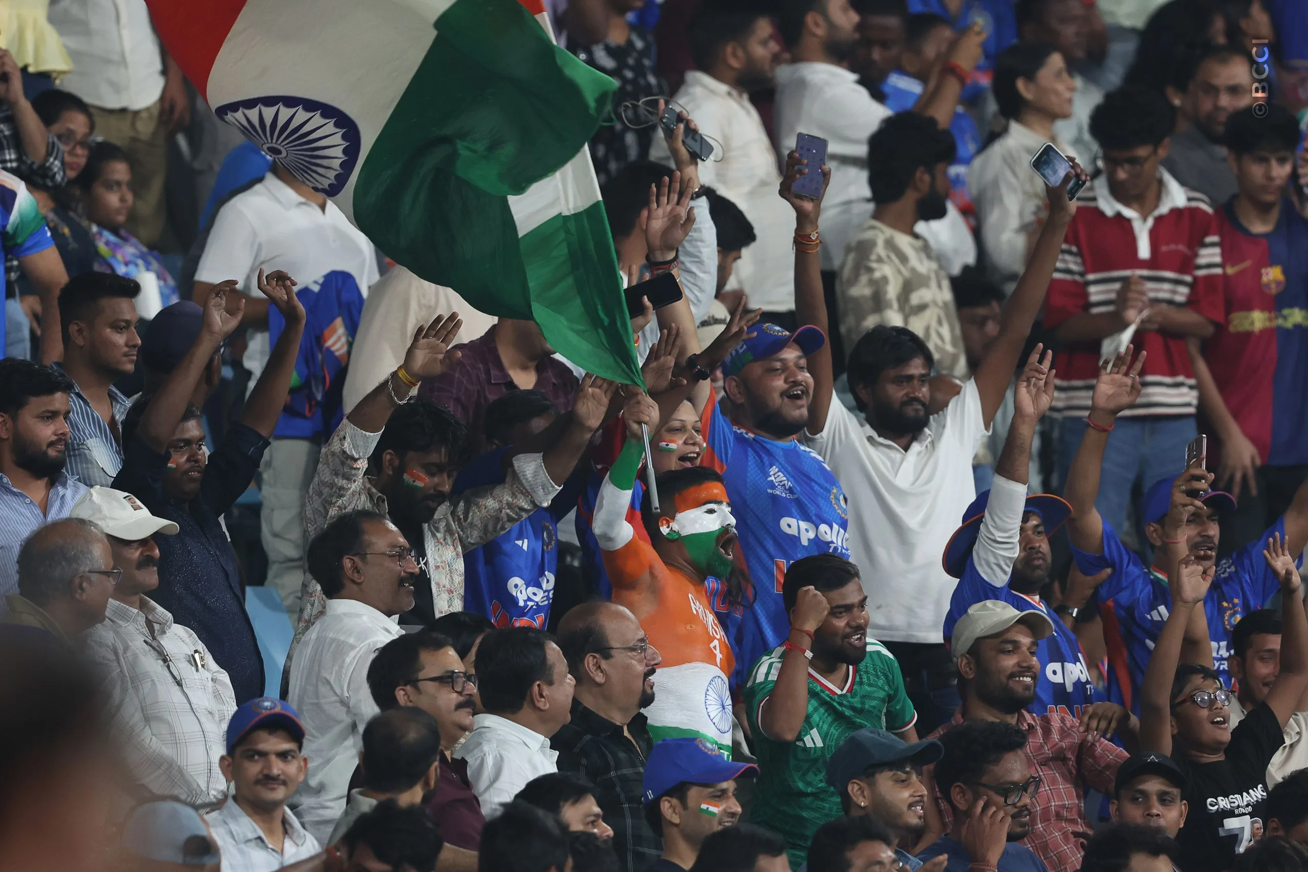 Fans cheer on their team from the stands during the 1st T20I match between India and West Indies at the Bharat Ratna Shri Atal Bihari Vajpayee Ekana Cricket Stadium, Lucknow, India on October 6, 2026.

Photo: Pankaj Nangia / CREIMAS for BCCI