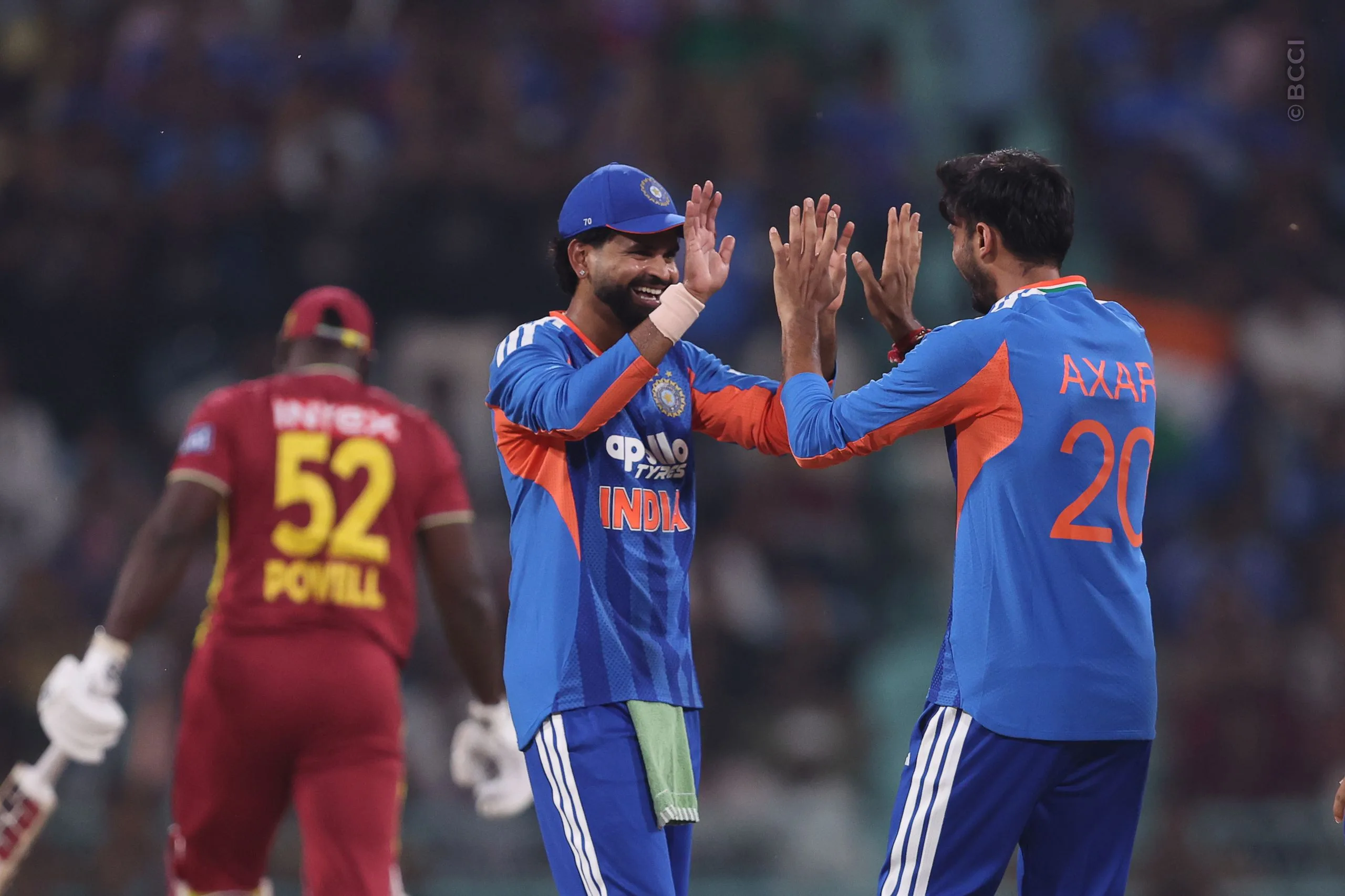 Axar Patel of India celebrates the wicket of Rovman Powell of West Indies during the 1st T20I match between India and West Indies at the Bharat Ratna Shri Atal Bihari Vajpayee Ekana Cricket Stadium, Lucknow, India on October 6, 2026.Photo: Pankaj Nangia / CREIMAS for BCCI
