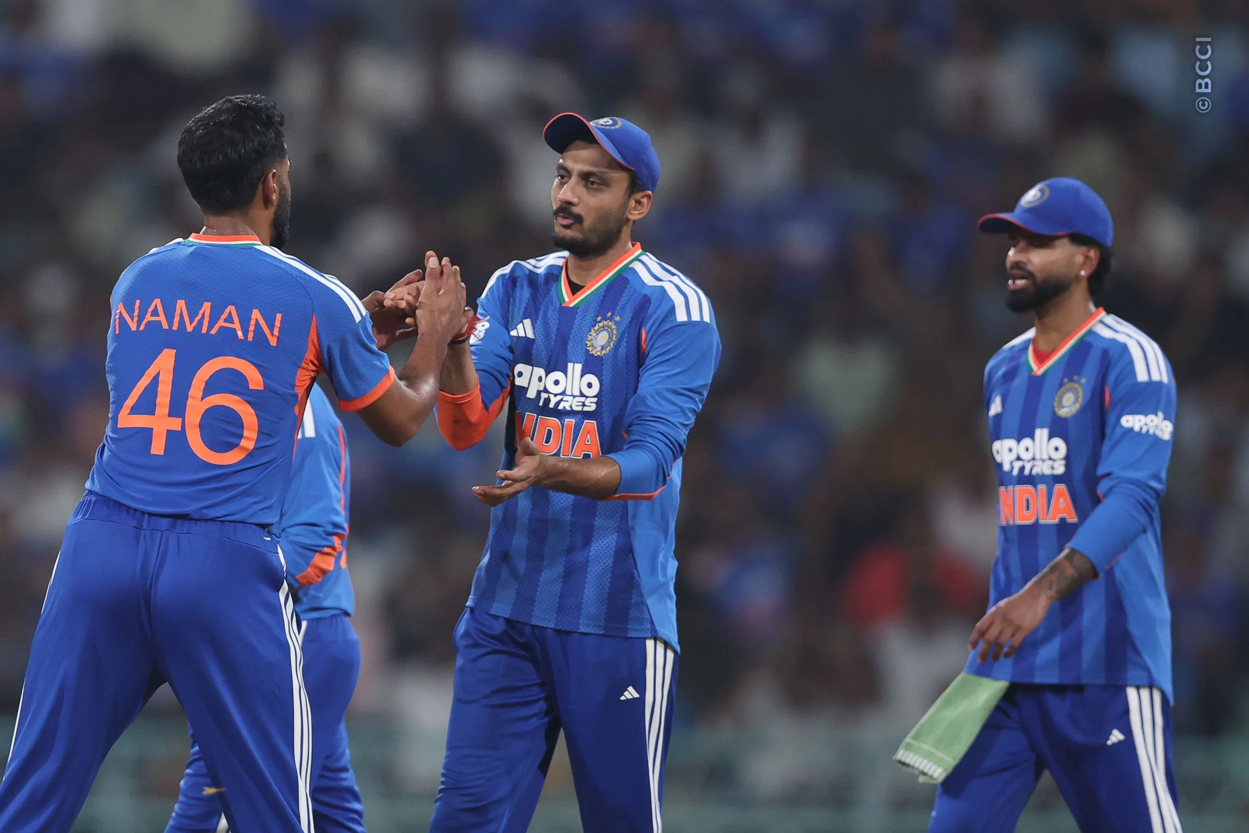 Naman Dhir of India celebrates the wicket of Shai Hope of West Indies during the 1st T20I match between India and West Indies at the Bharat Ratna Shri Atal Bihari Vajpayee Ekana Cricket Stadium, Lucknow, India on October 6, 2026.Photo: Pankaj Nangia / CREIMAS for BCCI