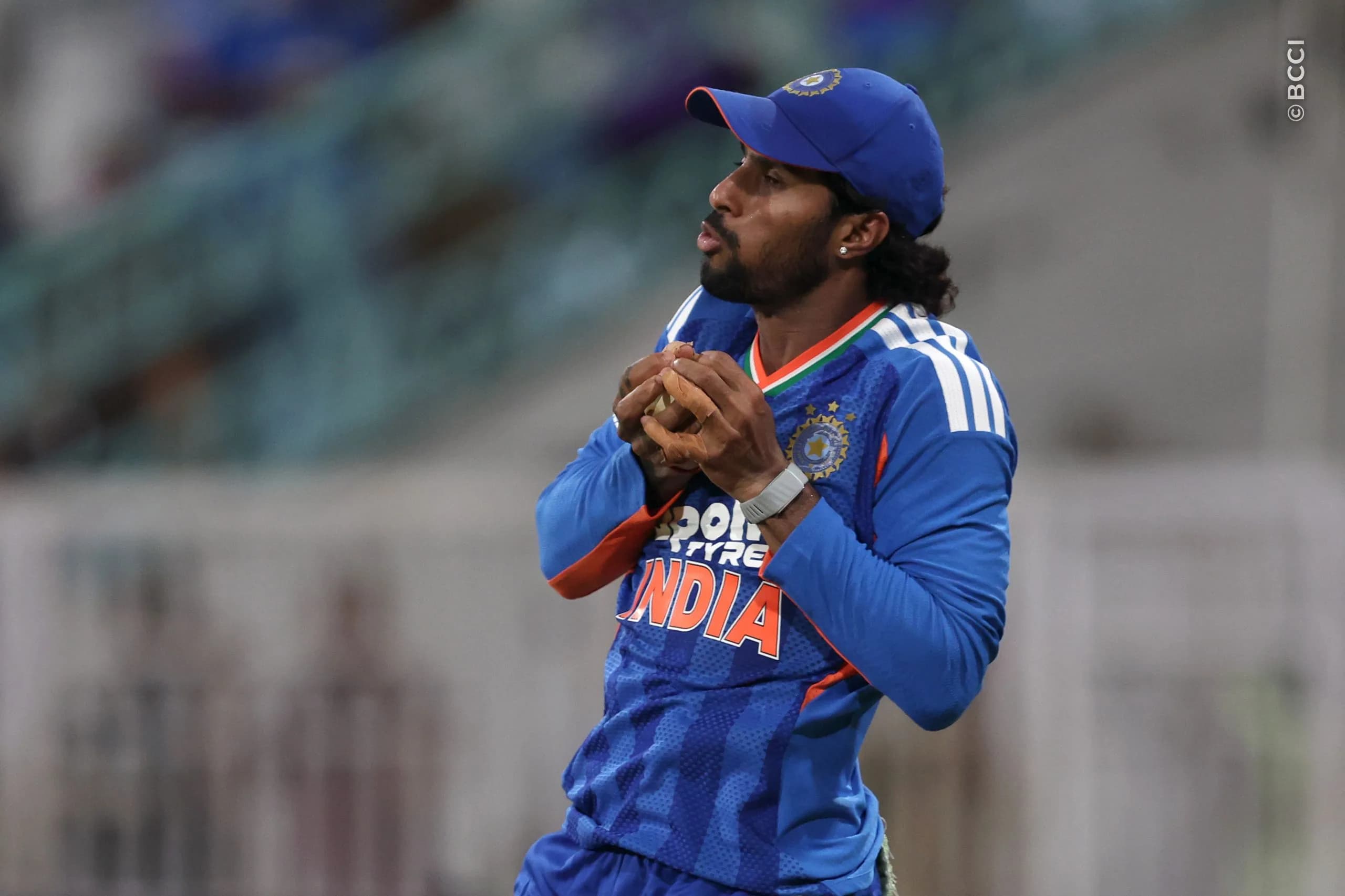 Tilak Varma of India takes a catch to dismiss Romario Shepherd of West Indies during the 1st T20I match between India and West Indies at the Bharat Ratna Shri Atal Bihari Vajpayee Ekana Cricket Stadium, Lucknow, India on October 6, 2026.Photo: Pankaj Nangia / CREIMAS for BCCI