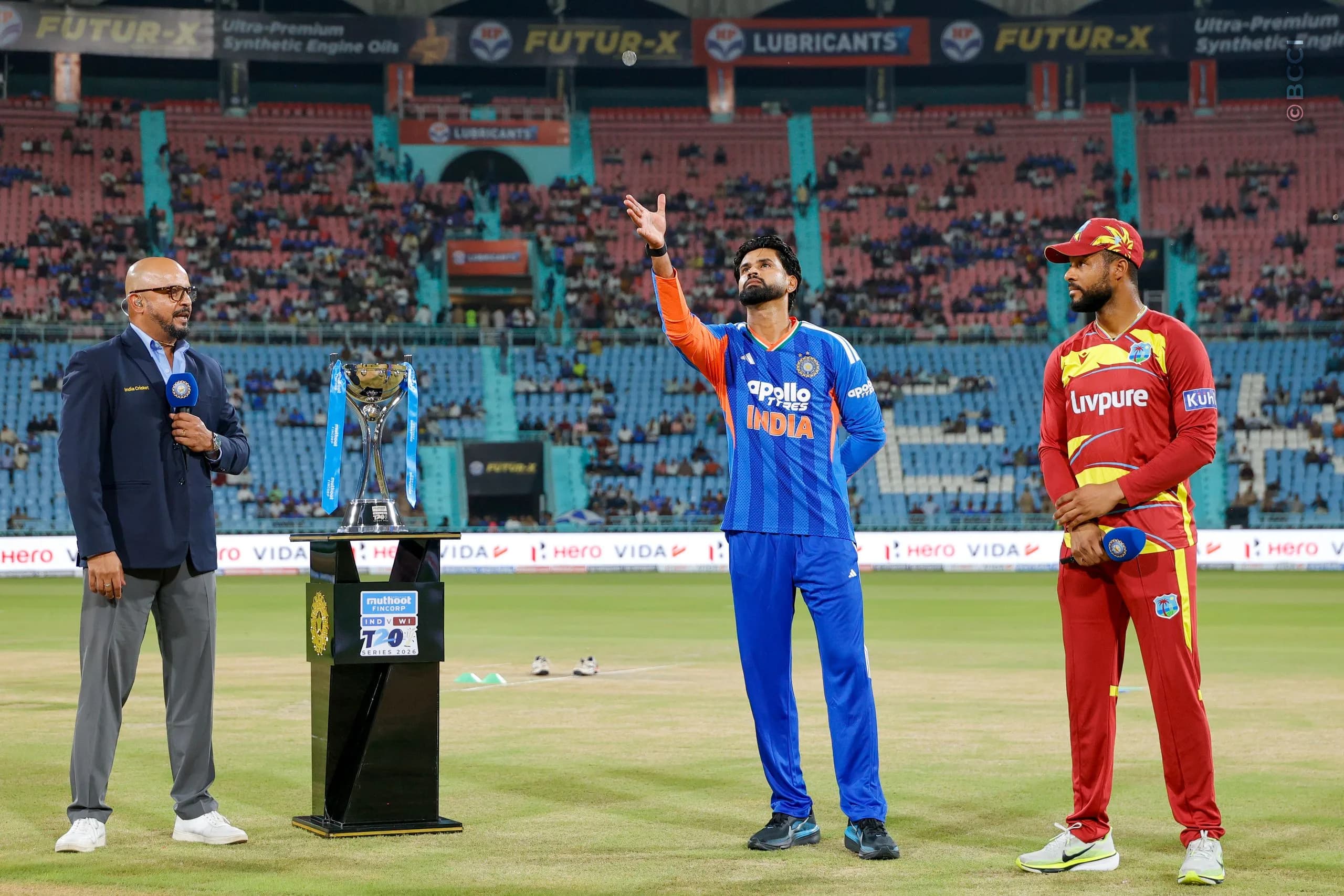 Shreyas Iyer of India and Shai Hope of West Indies at the toss during the 1st T20I match between India and West Indies at the Bharat Ratna Shri Atal Bihari Vajpayee Ekana Cricket Stadium, Lucknow, India on October 6, 2026.

Photo: Surjeet Yadav/ CREIMAS for BCCI