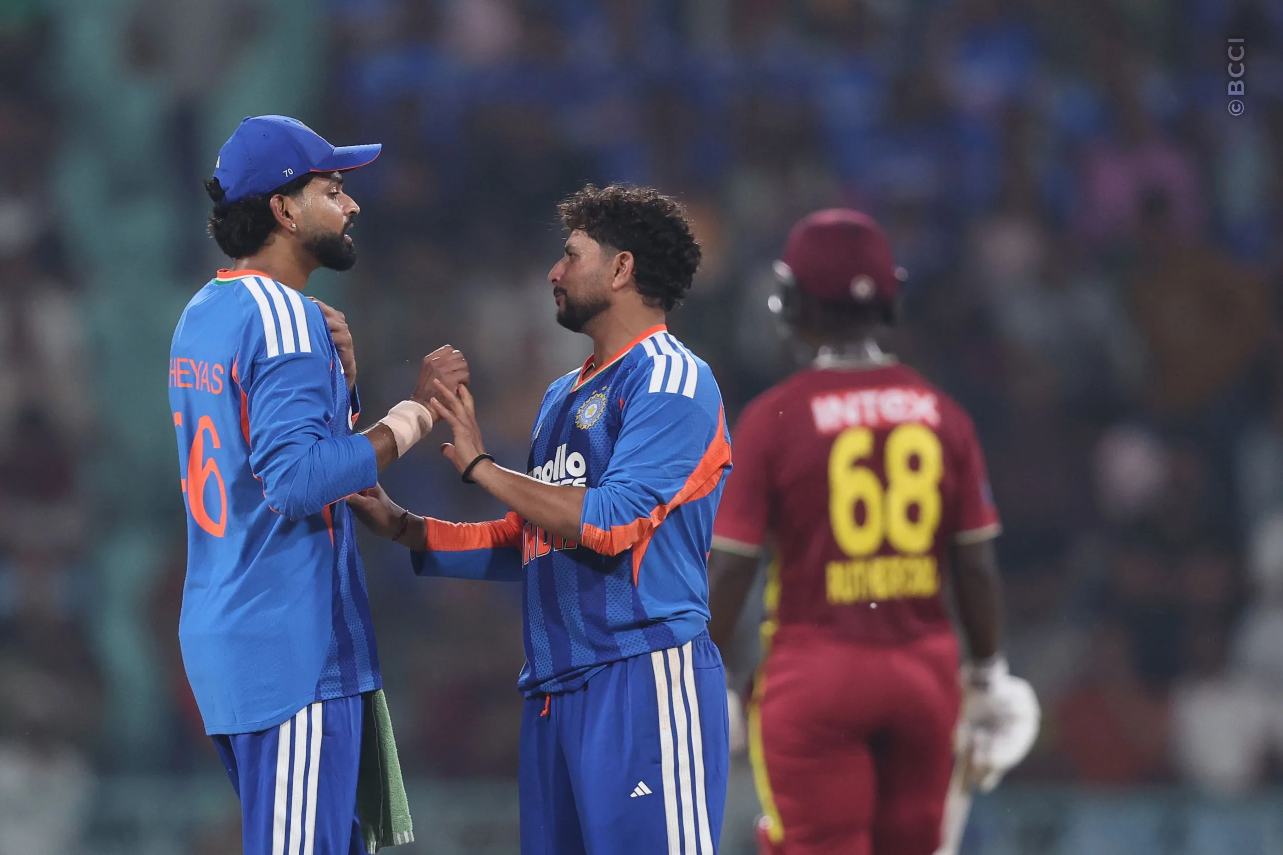 Kuldeep Yadav of India celebrates the wicket of Roston Chase of West Indies  during the 1st T20I match between India and West Indies at the Bharat Ratna Shri Atal Bihari Vajpayee Ekana Cricket Stadium, Lucknow, India on October 6, 2026.Photo: Pankaj Nangia / CREIMAS for BCCI