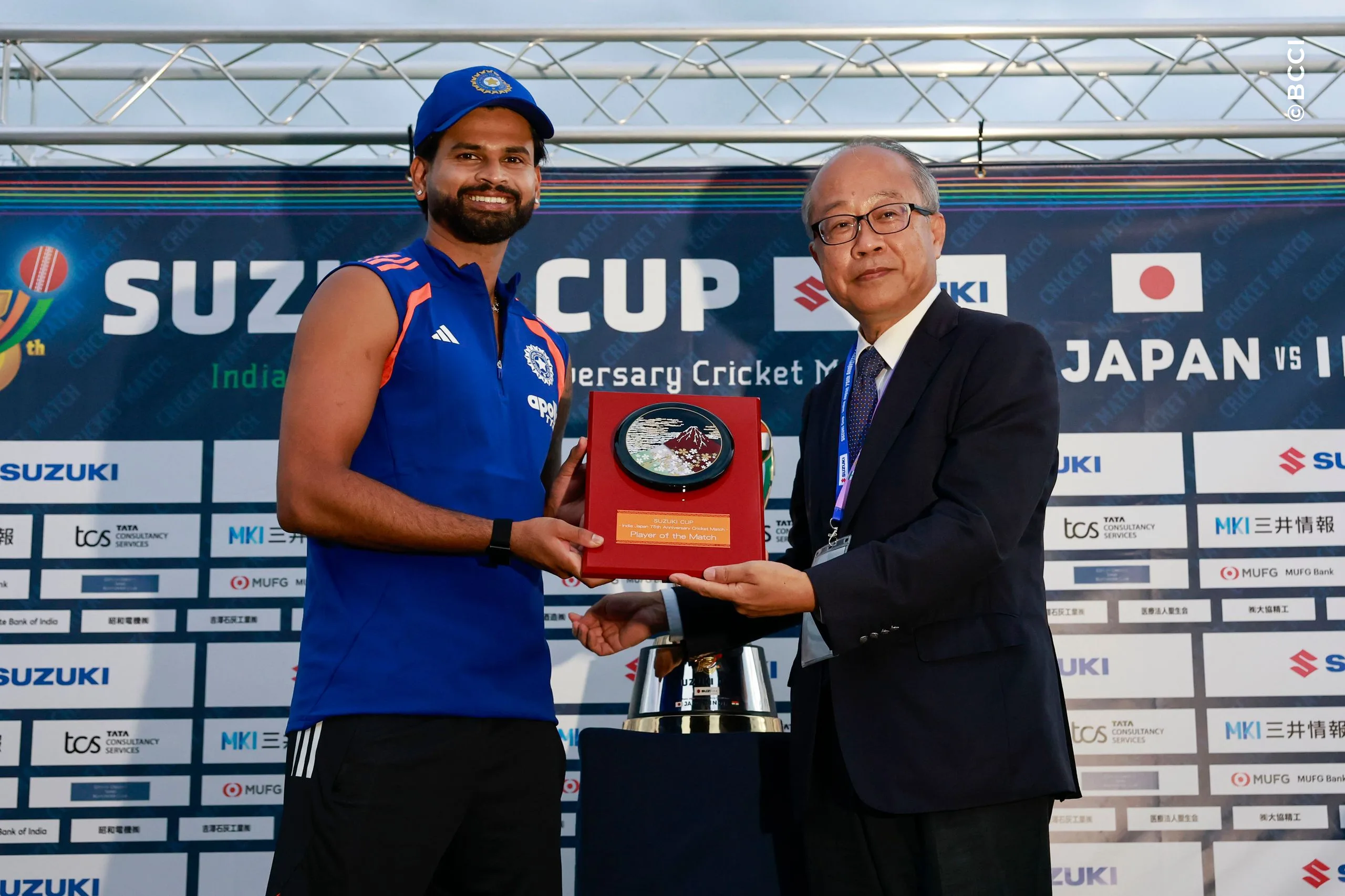 Shreyas Iyer of India receives Player of the Match Award during the presentation of the Only T20I match between Japan and India at Sano Cricket Ground, Sano, Japan, on September 22, 2026.

Photo:  Deepak Malik / CREIMAS for BCCI