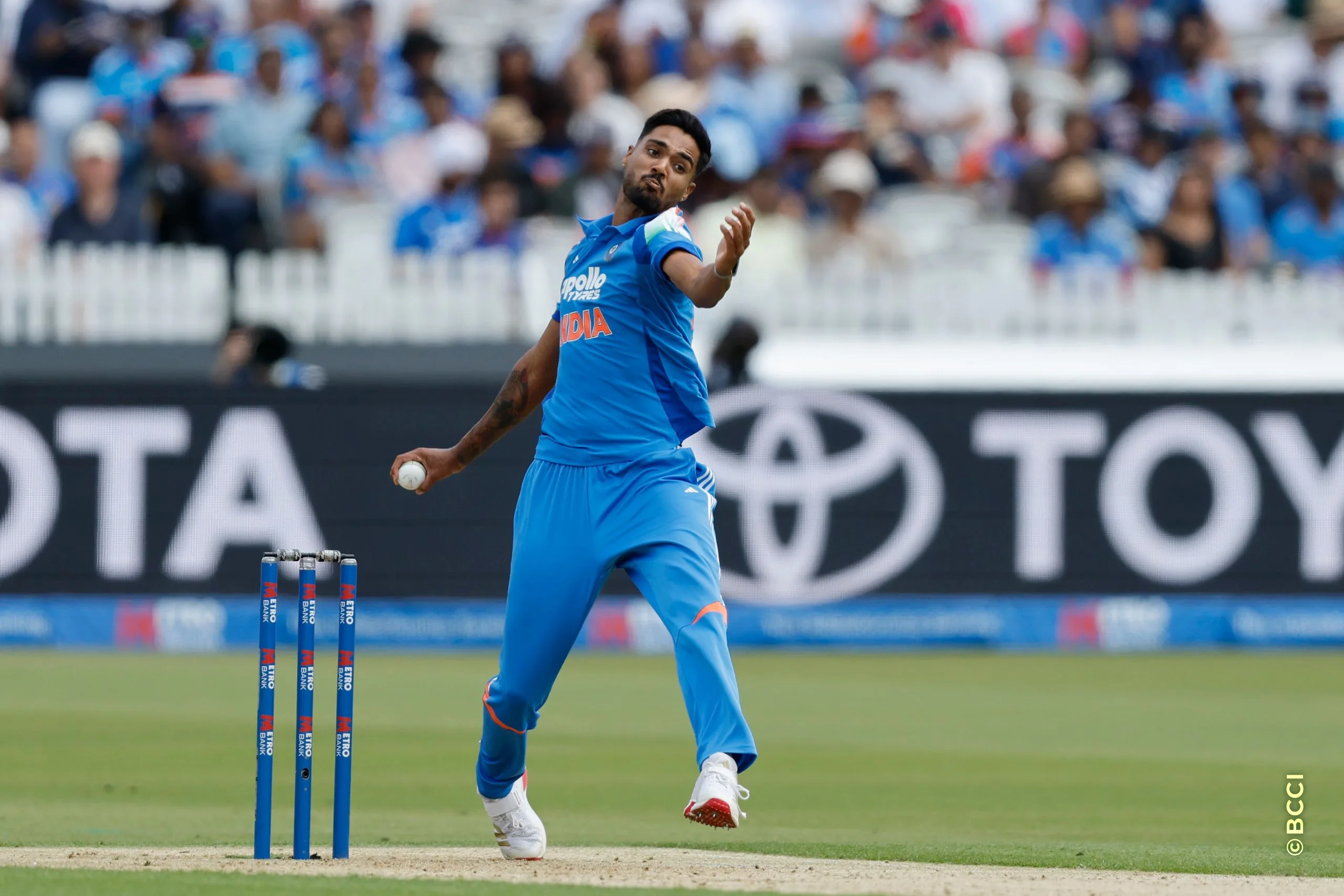 Gurnoor Brar of India bowls during the 3rd ODI International match between England and India at the Lord's Cricket Ground, London, England on July 19, 2026.Photo: Deepak Malik / CREIMAS for BCCI