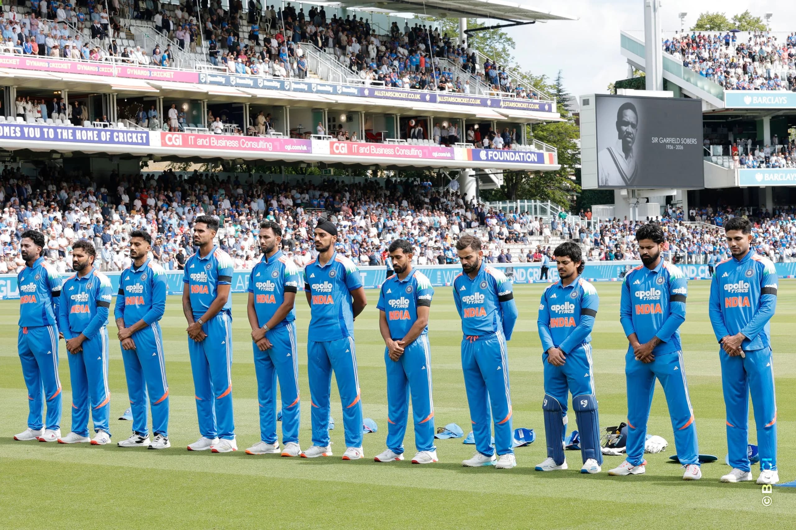 India players observe a one-minute silence before the start of the 3rd ODI International match between England and India at Lord's Cricket Ground, London, England, on July 19, 2026.Photo: Deepak Malik / CREIMAS for BCCI