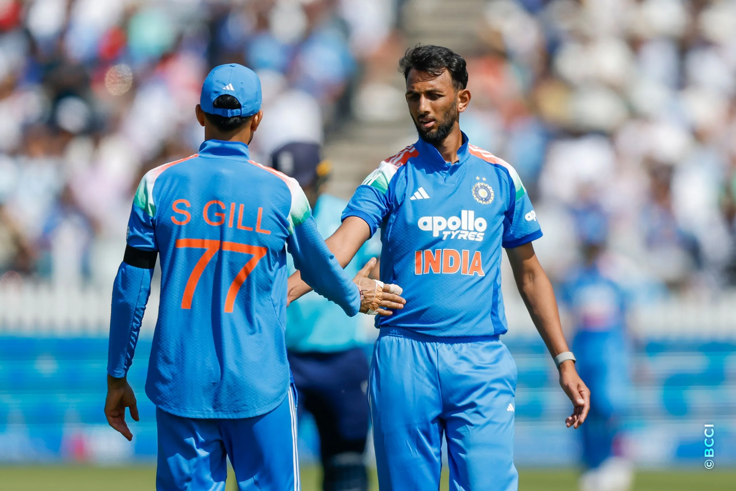 Prasidh Krishna of India celebrates the wicket of Harry Brook during the 3rd ODI International match between England and India at the Lord's Cricket Ground, London, England on July 19, 2026.Photo: Deepak Malik / CREIMAS for BCCI