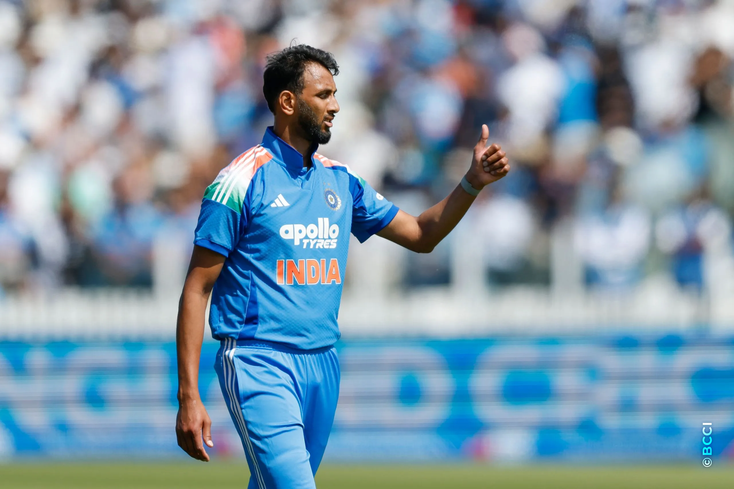 Prasidh Krishna of India celebrates the wicket of Harry Brook during the 3rd ODI International match between England and India at the Lord's Cricket Ground, London, England on July 19, 2026.Photo: Deepak Malik / CREIMAS for BCCI