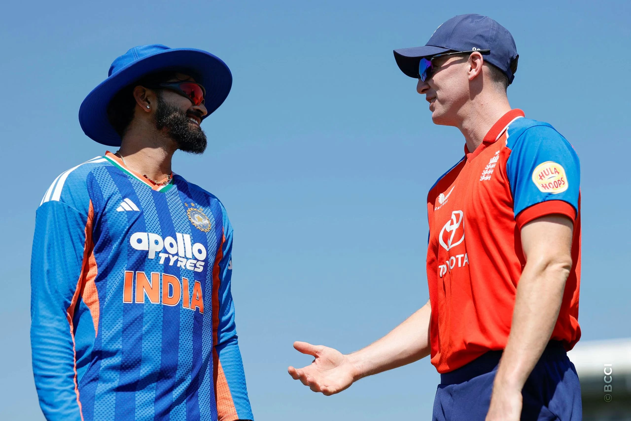 Shreyas Iyer (C) of India and Harry Brook at toss during the 5th T20 International match between England and India at The Rose Bowl, Southampton, England on July 11, 2026.Photo: Deepak Malik / CREIMAS for BCCI