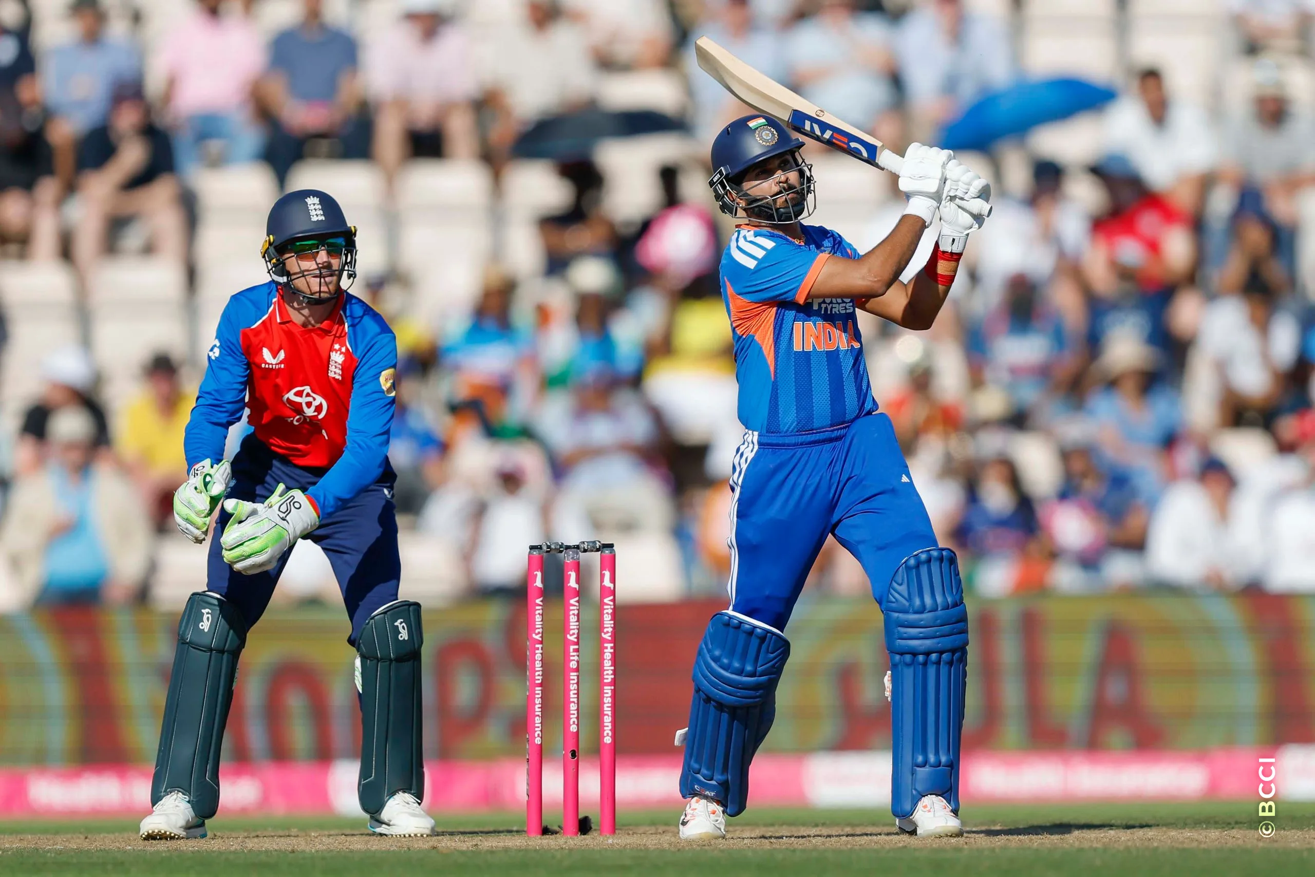 Shreyas Iyer (C) of India plays a shot during the 5th T20 International match between England and India at The Rose Bowl, Southampton, England on July 11, 2026.Photo: Deepak Malik / CREIMAS for BCCI