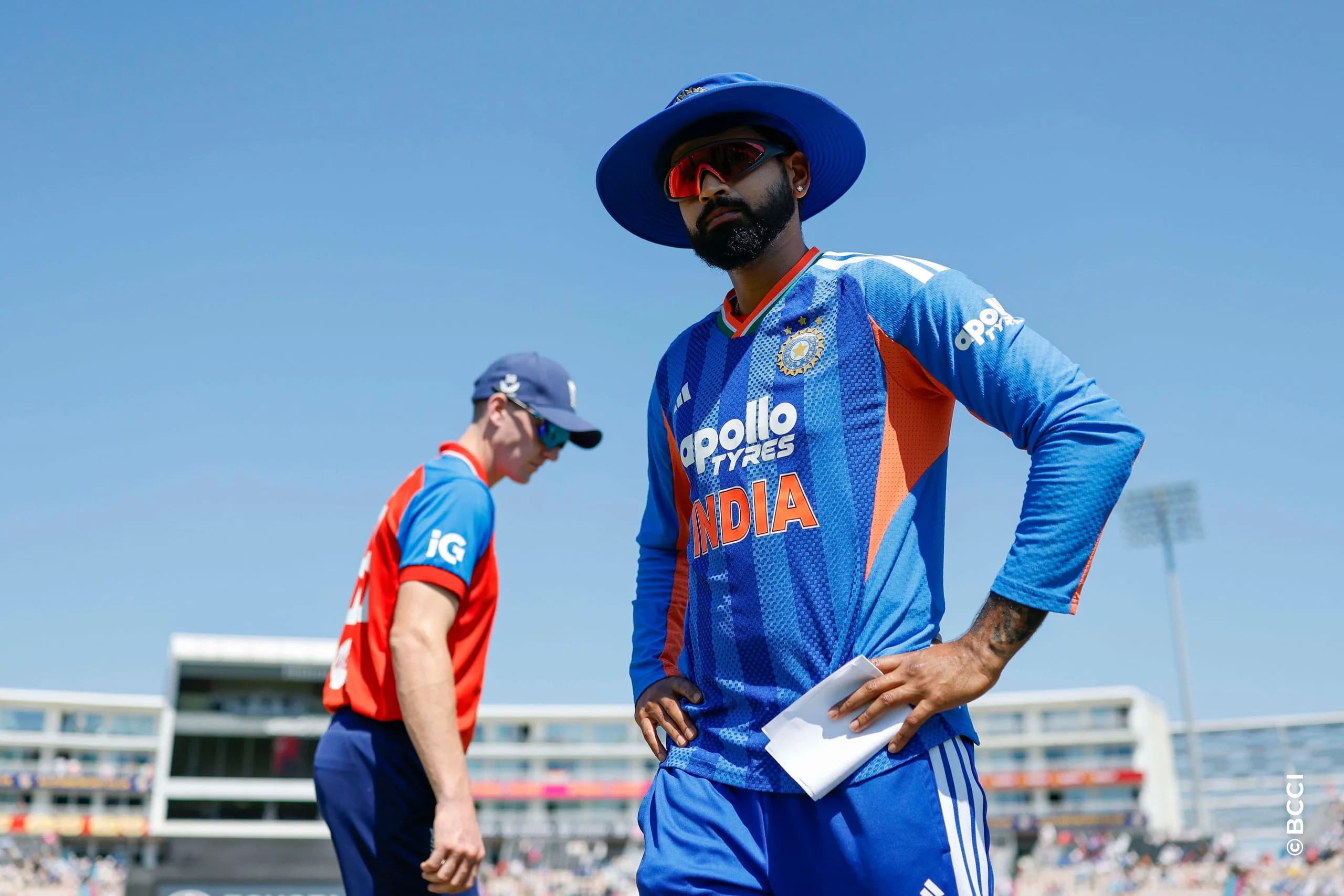 Shreyas Iyer (C) of India and Harry Brook at toss during the 5th T20 International match between England and India at The Rose Bowl, Southampton, England on July 11, 2026.Photo: Deepak Malik / CREIMAS for BCCI