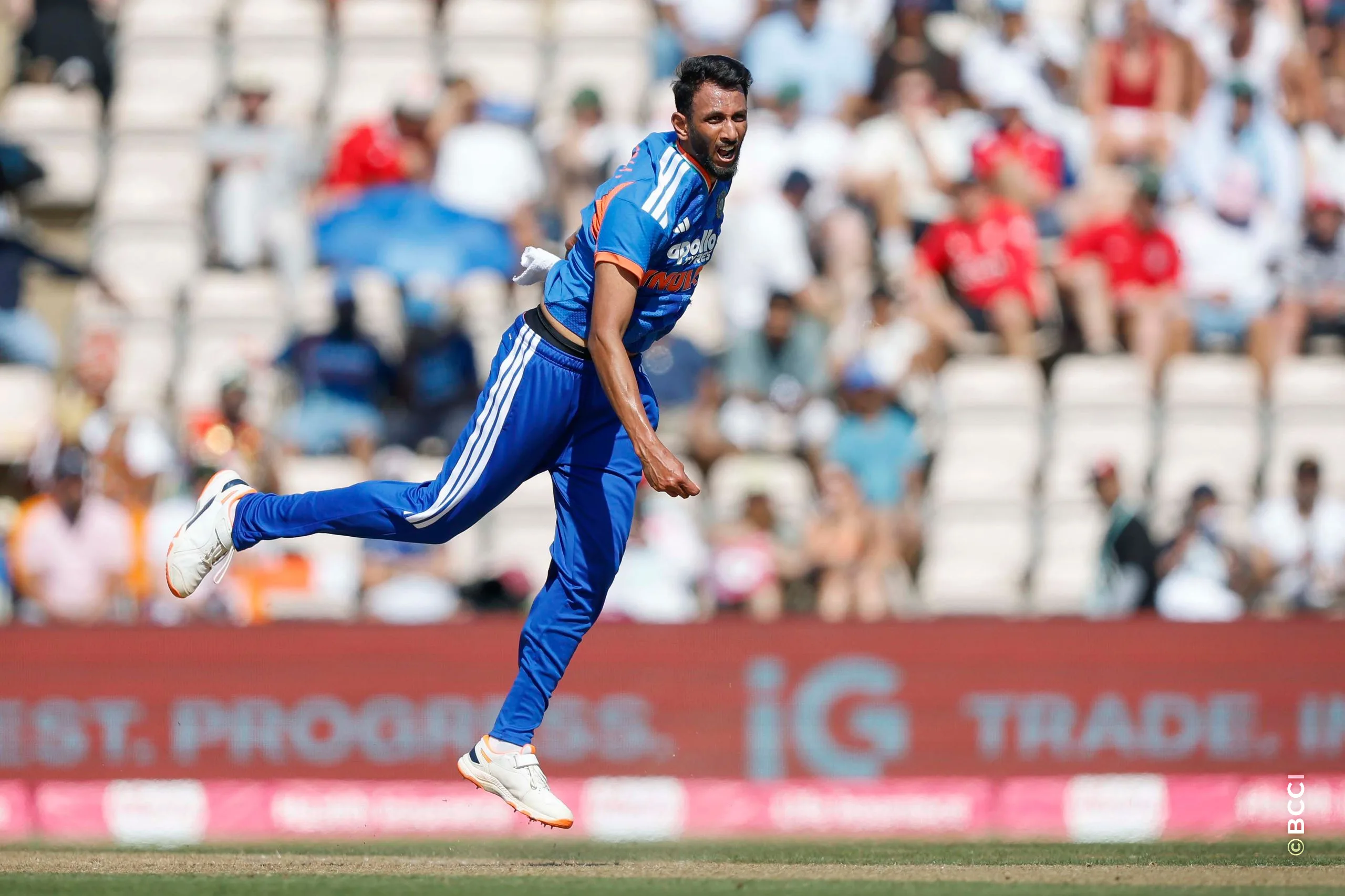 Prasidh Krishna of India bowls during the 5th T20 International match between England and India at The Rose Bowl, Southampton, England on July 11, 2026.Photo: Deepak Malik / CREIMAS for BCCI
