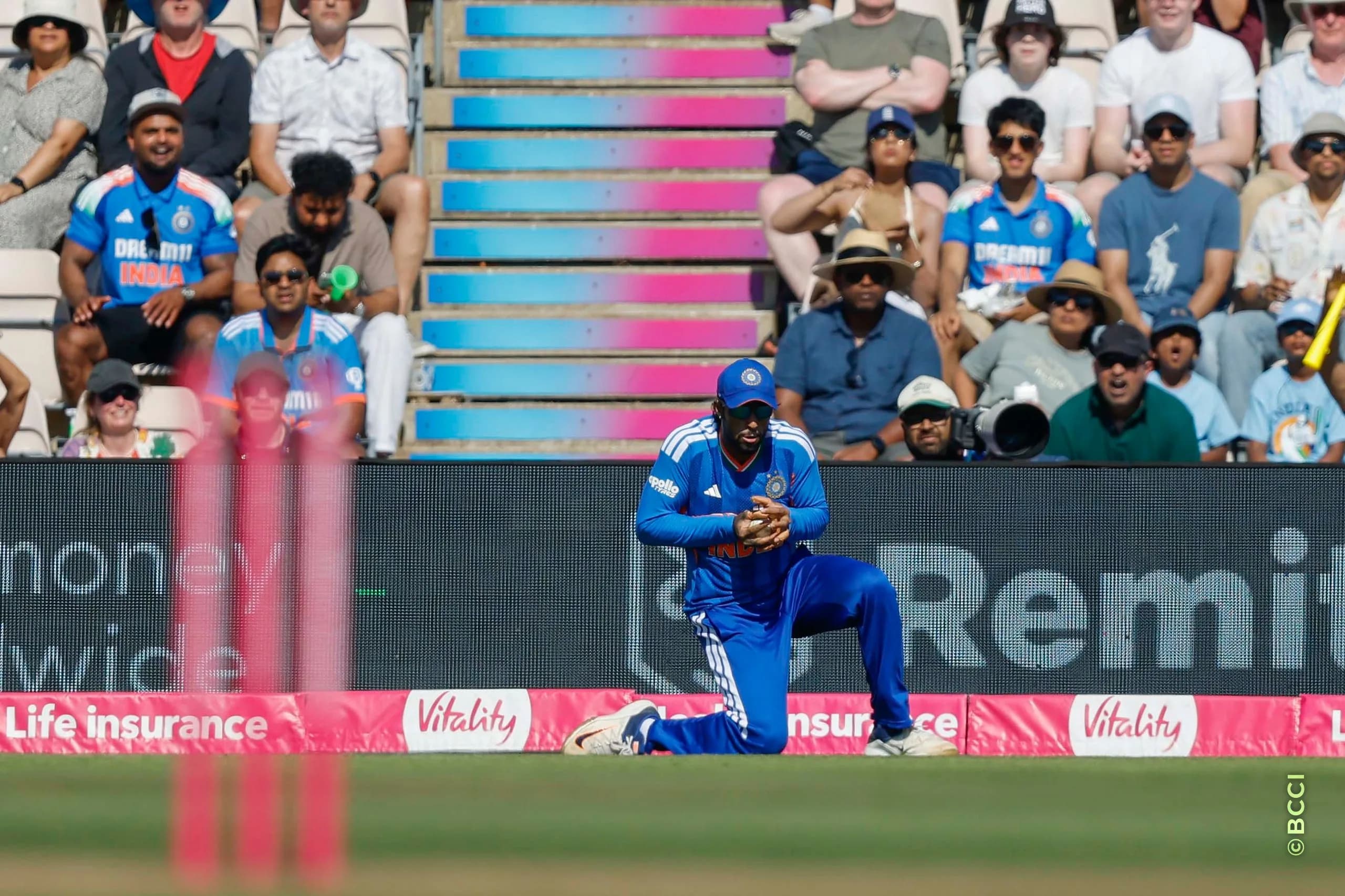 Tilak Varma of India takes catch of Jacob Bethell during the 5th T20 International match between England and India at The Rose Bowl, Southampton, England on July 11, 2026.Photo: Deepak Malik / CREIMAS for BCCI