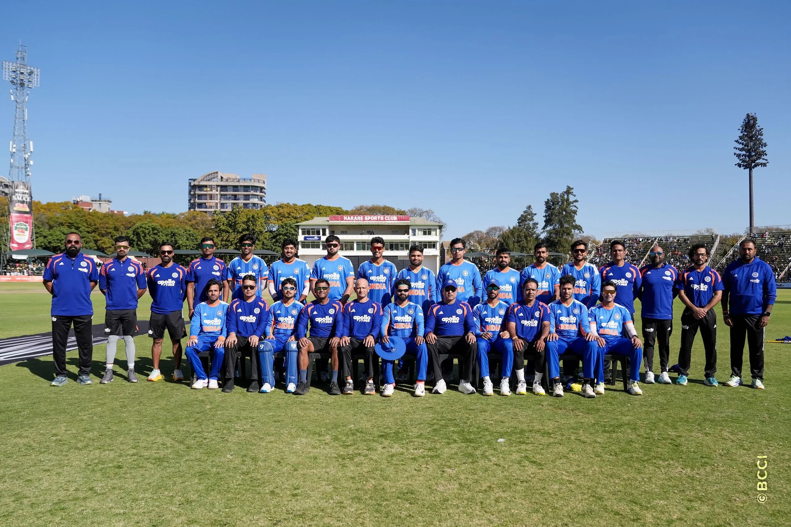 Indian players along with support staff pose for a group photon during the 3rd T20 International match between Zimbabwe and India at the Harare Sports Club, Harare, Zimbabwe on July 26, 2026.Photo: Faheem Hussain / CREIMAS for BCCI