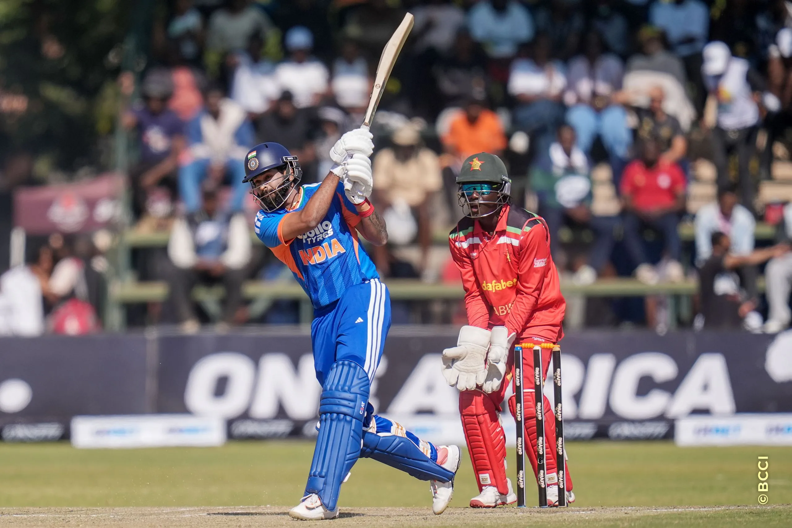 Shreyas Iyer (C) of India  plays a shot during the 3rd T20 International match between Zimbabwe and India at the Harare Sports Club, Harare, Zimbabwe on July 26, 2026.Photo: Faheem Hussain / CREIMAS for BCCI