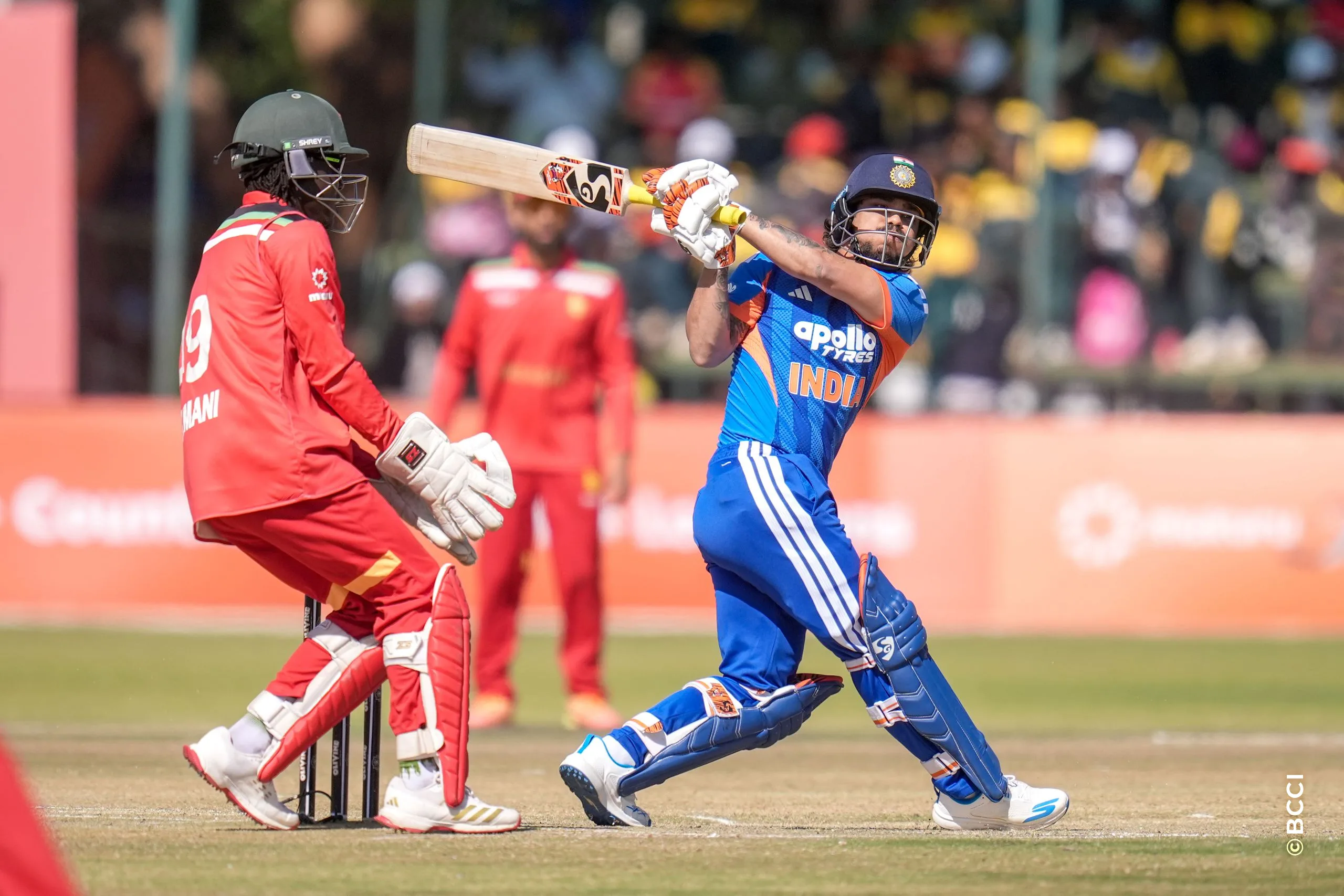 Ishan Kishan (WK) of India plays a shot during the 3rd T20 International match between Zimbabwe and India at the Harare Sports Club, Harare, Zimbabwe on July 26, 2026.Photo: Faheem Hussain / CREIMAS for BCCI