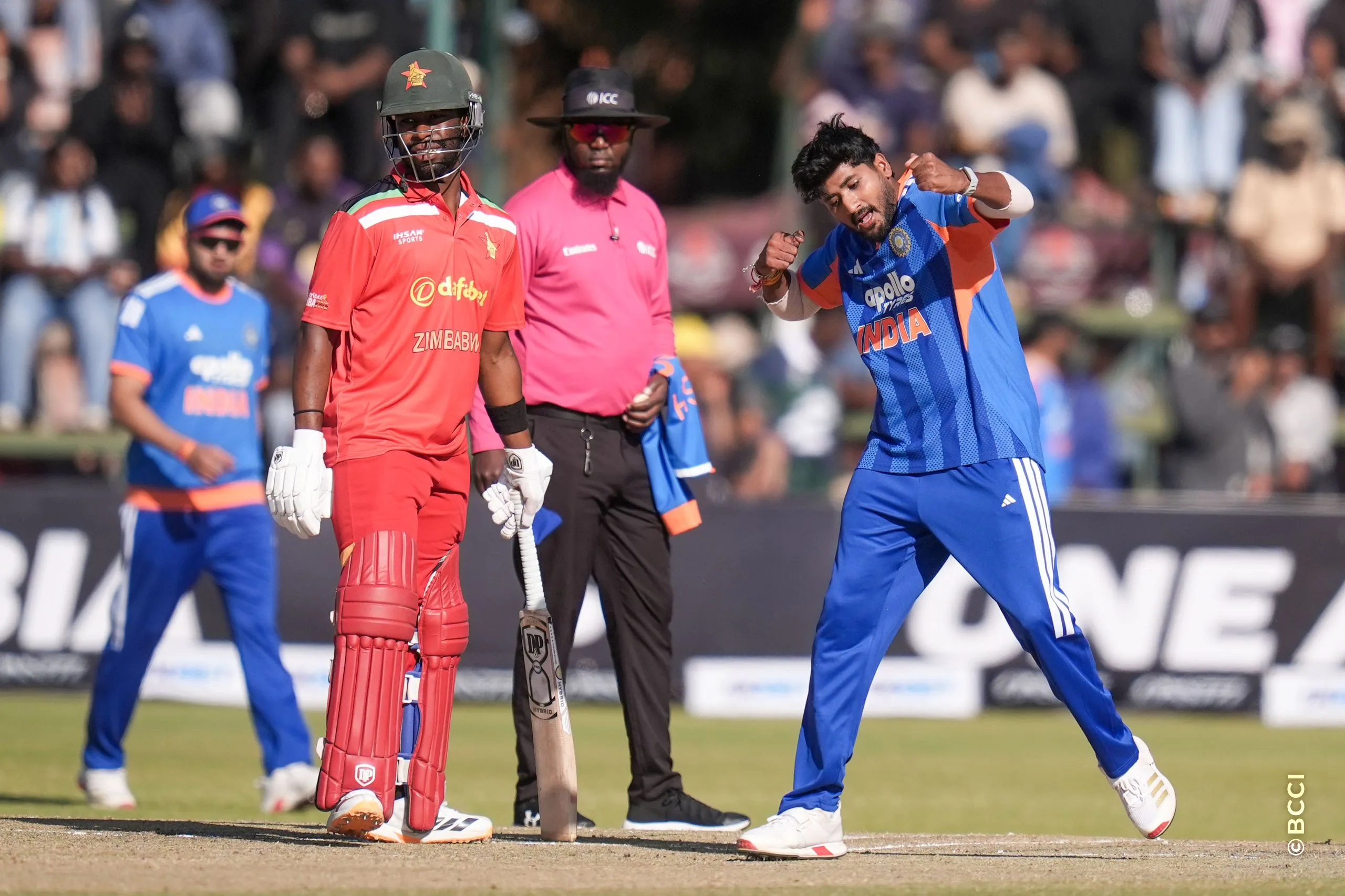 Yash Thakur of India celebrates the wicket of Dion Myers of Zimbabwe during the 3rd T20 International match between Zimbabwe and India at the Harare Sports Club, Harare, Zimbabwe on July 26, 2026.Photo: Faheem Hussain / CREIMAS for BCCI