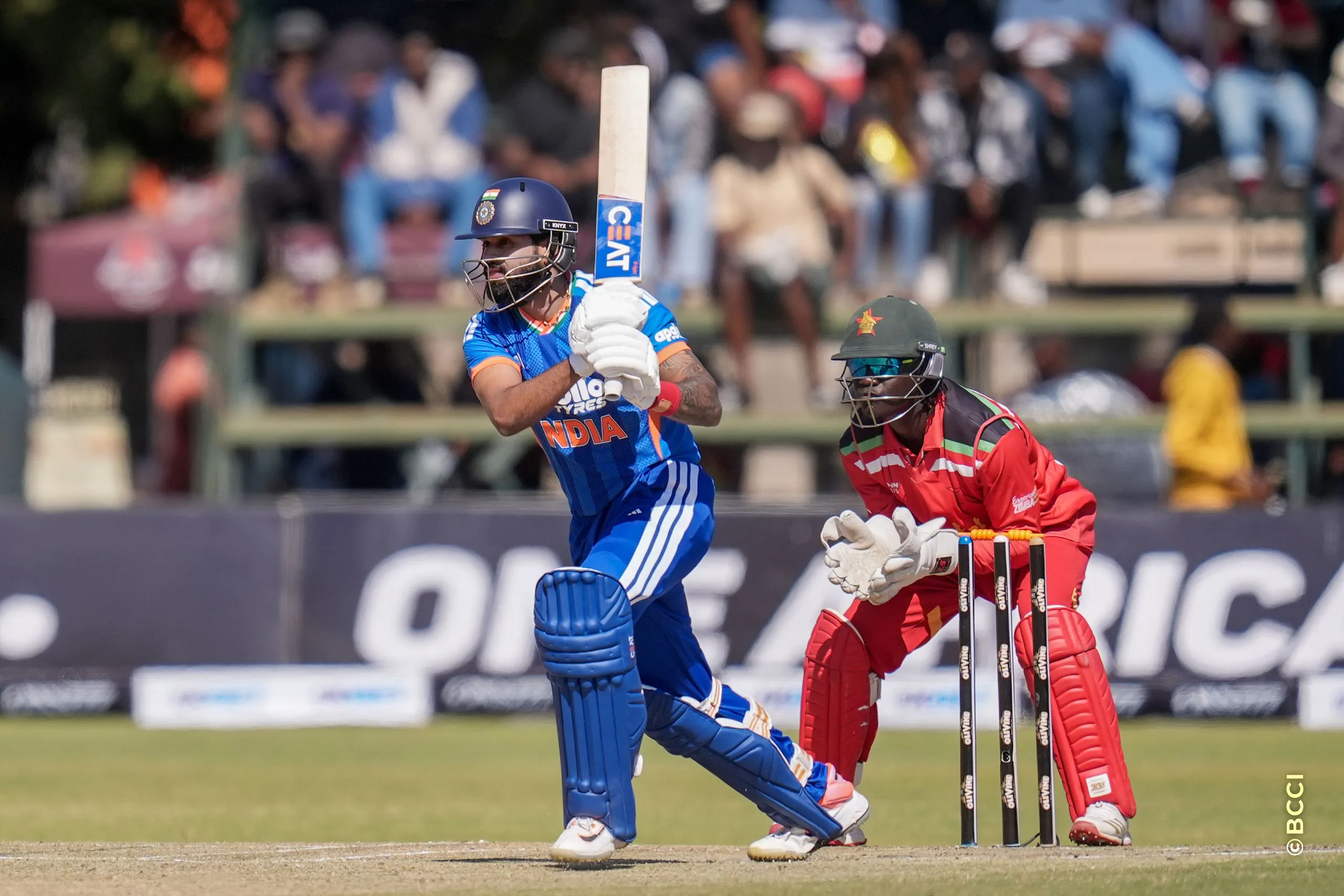 Shreyas Iyer (C) of India plays a shot during the 3rd T20 International match between Zimbabwe and India at the Harare Sports Club, Harare, Zimbabwe on July 26, 2026.Photo: Faheem Hussain / CREIMAS for BCCI
