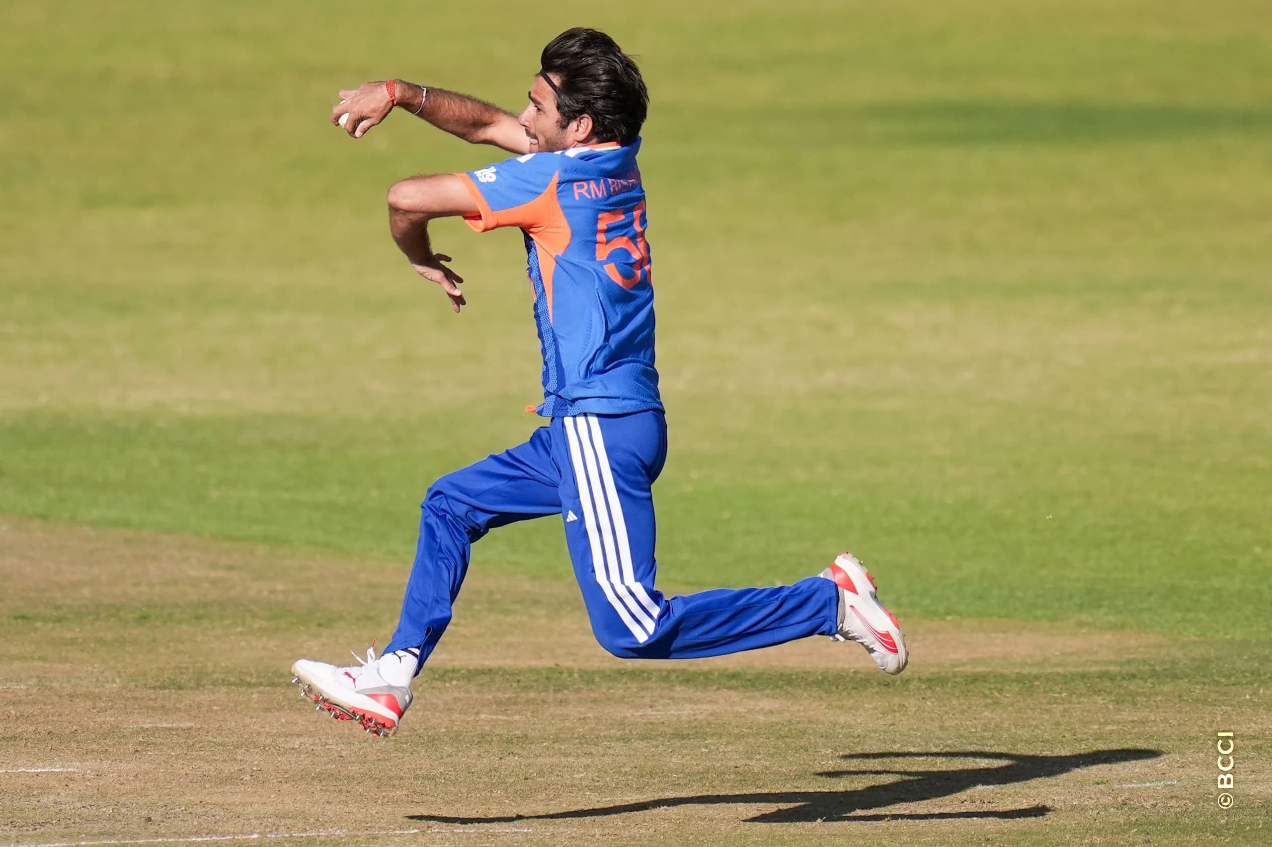 Ravi Bishnoi of India bowls during the 3rd T20 International match between Zimbabwe and India at the Harare Sports Club, Harare, Zimbabwe on July 26, 2026.Photo: Faheem Hussain / CREIMAS for BCCI
