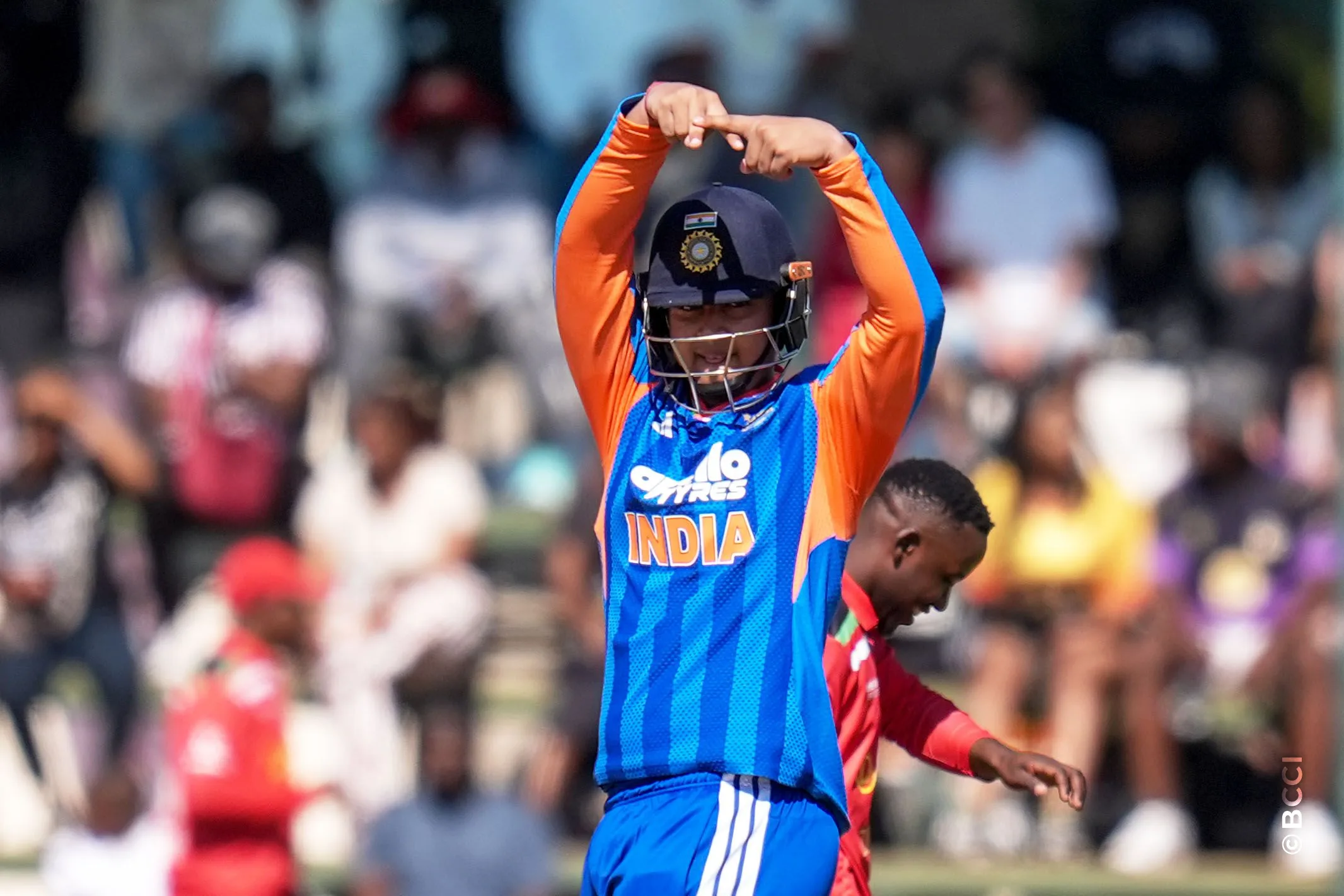 Vibhav Sooryavanshi of India celebrates his fifty runs during the 3rd T20 International match between Zimbabwe and India at the Harare Sports Club, Harare, Zimbabwe on July 26, 2026.Photo: Faheem Hussain / CREIMAS for BCCI