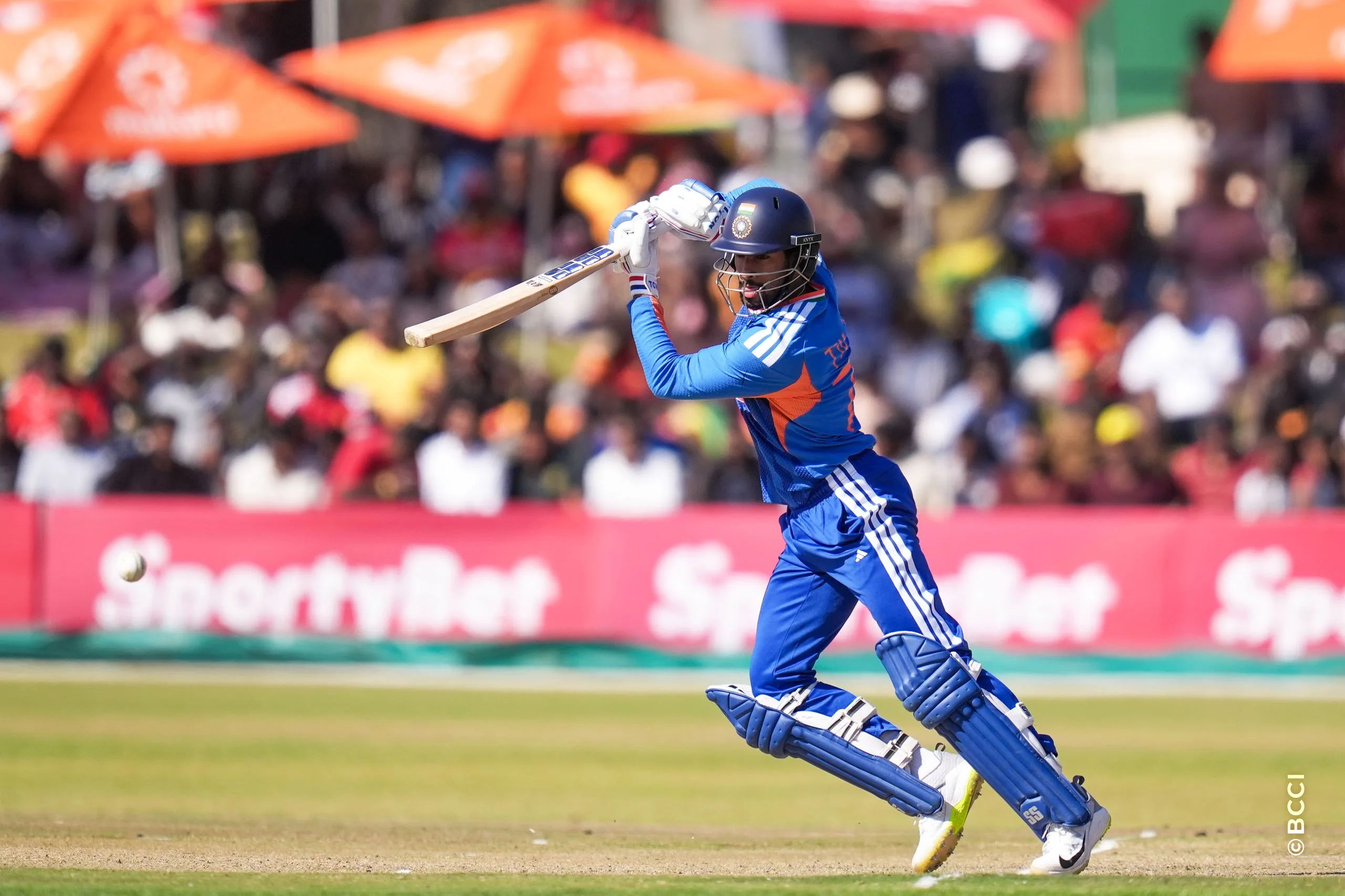 Tilak Varma (VC) of India plays a shot during the 3rd T20 International match between Zimbabwe and India at the Harare Sports Club, Harare, Zimbabwe on July 26, 2026.Photo: Faheem Hussain / CREIMAS for BCCI