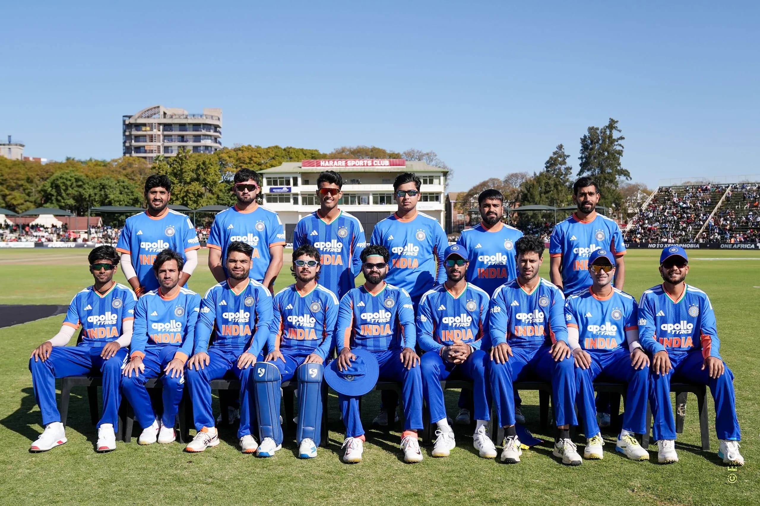 Indian Players pose for a group photo during the 3rd T20 International match between Zimbabwe and India at the Harare Sports Club, Harare, Zimbabwe on July 26, 2026.Photo: Faheem Hussain / CREIMAS for BCCI
