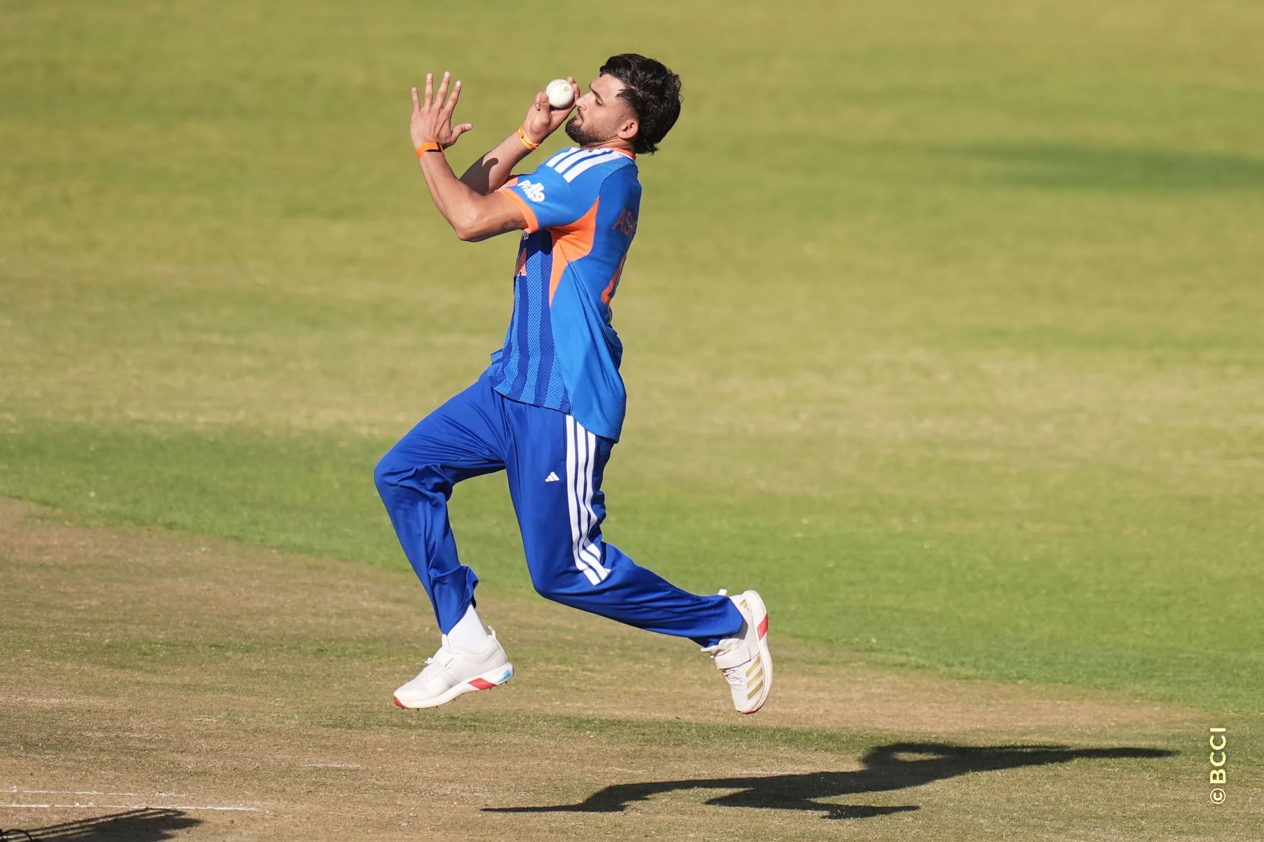 Yash Thakur of India bowls during the 3rd T20 International match between Zimbabwe and India at the Harare Sports Club, Harare, Zimbabwe on July 26, 2026.Photo: Faheem Hussain / CREIMAS for BCCI