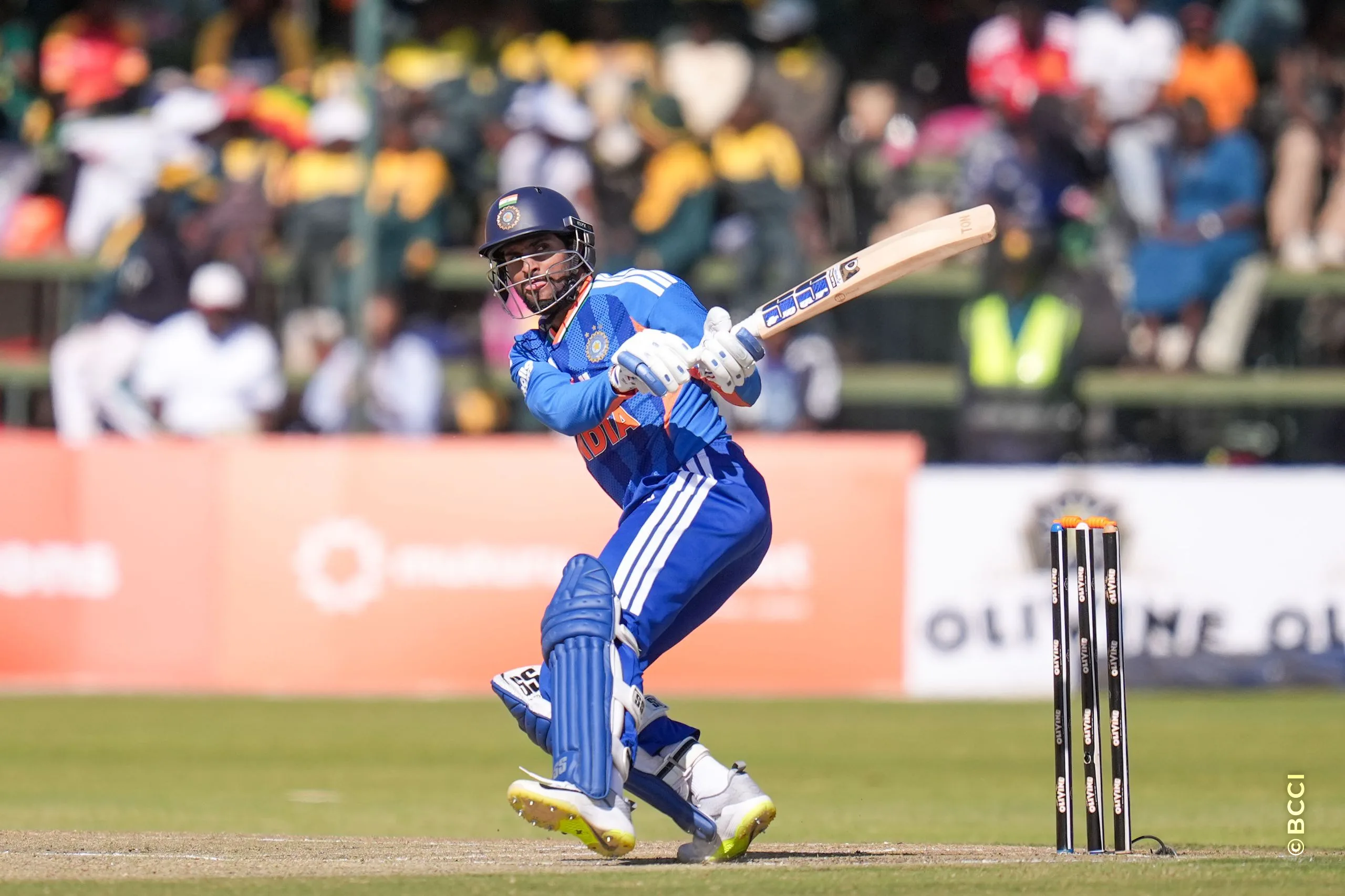 Tilak Varma (VC) of India plays a shot during the 3rd T20 International match between Zimbabwe and India at the Harare Sports Club, Harare, Zimbabwe on July 26, 2026.Photo: Faheem Hussain / CREIMAS for BCCI