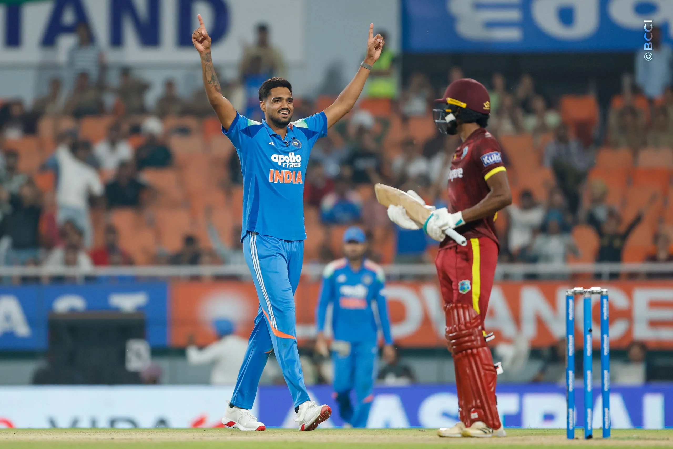 Gurnoor Brar of India celebrates the wicket of Keemo Paul of West Indies during the 3rd ODI match between India and West Indies at the PCA International Cricket Stadium, Ground A, New Chandigarh, India on October 3, 2026.

Photo: Surjeet Yadav / CREIMAS for BCCI