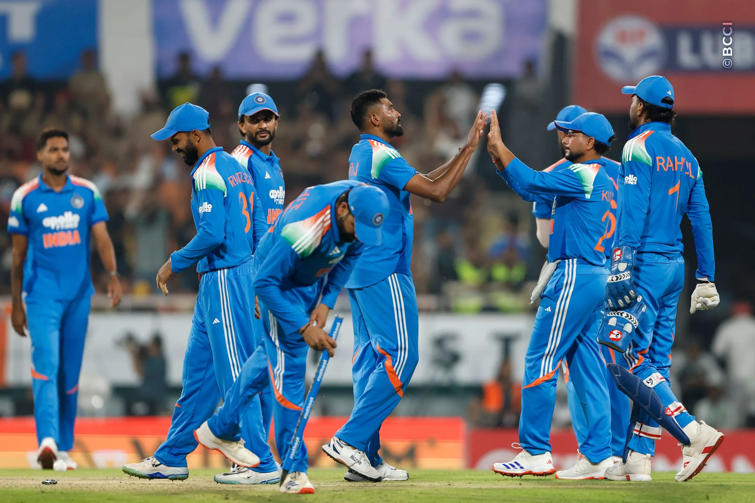 Mohammed Siraj of India celebrates the wicket of John Campbell of West Indies during the 3rd ODI match between India and West Indies at the PCA International Cricket Stadium, Ground A, New Chandigarh, India on October 3, 2026.

Photo: Surjeet Yadav / CREIMAS for BCCI