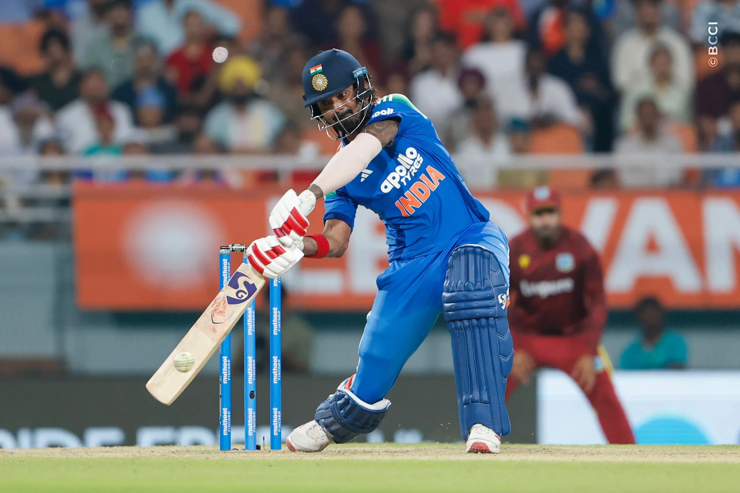 KL Rahul of India play a shots during the 3rd ODI match between India and West Indies at the PCA International Cricket Stadium, Ground A, New Chandigarh, India on October 3, 2026.

Photo: Surjeet Yadav / CREIMAS for BCCI