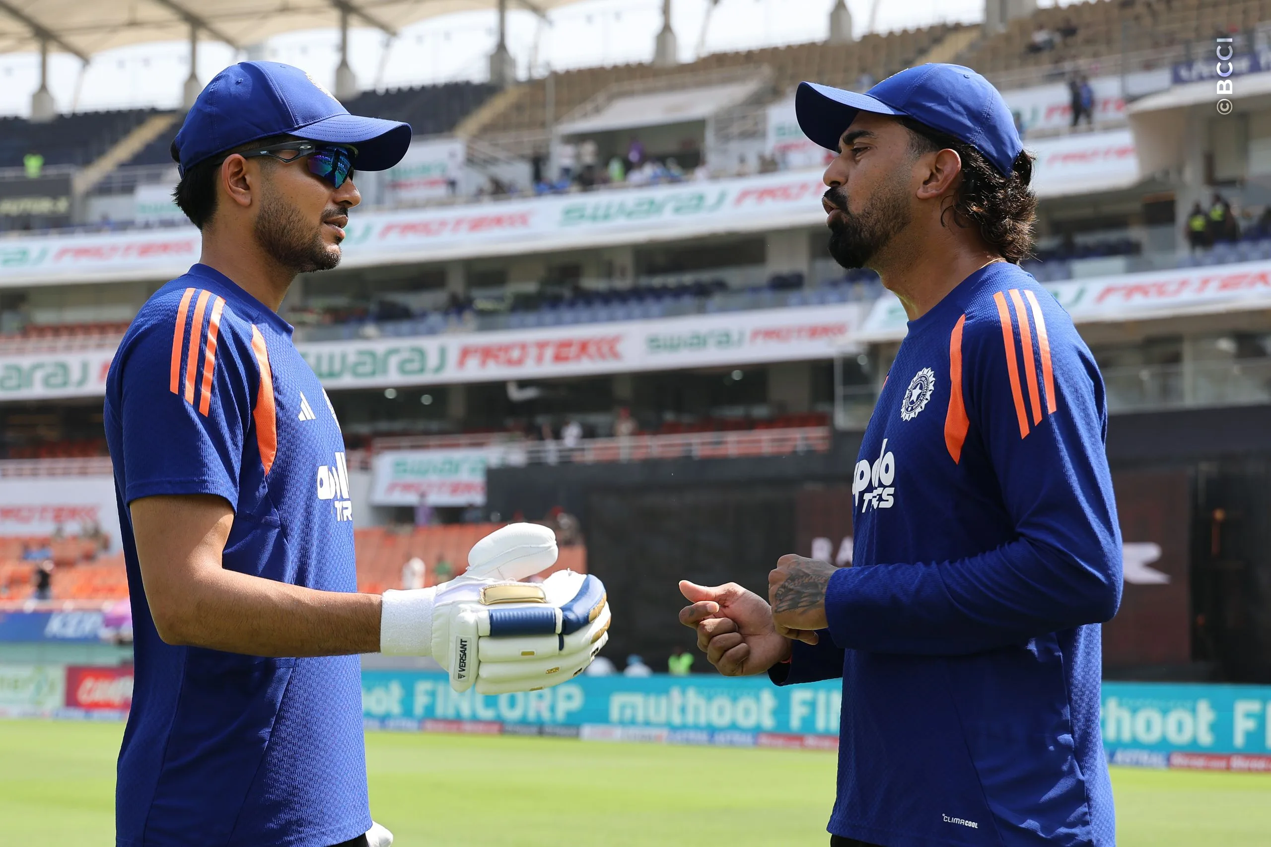 Shubman Gill of India  and KL Rahul of India prior to the 3rd ODI match between India and West Indies at the PCA International Cricket Stadium, Ground A, New Chandigarh, India on October 3, 2026.

Photo: Pankaj Nangia / CREIMAS for BCCI