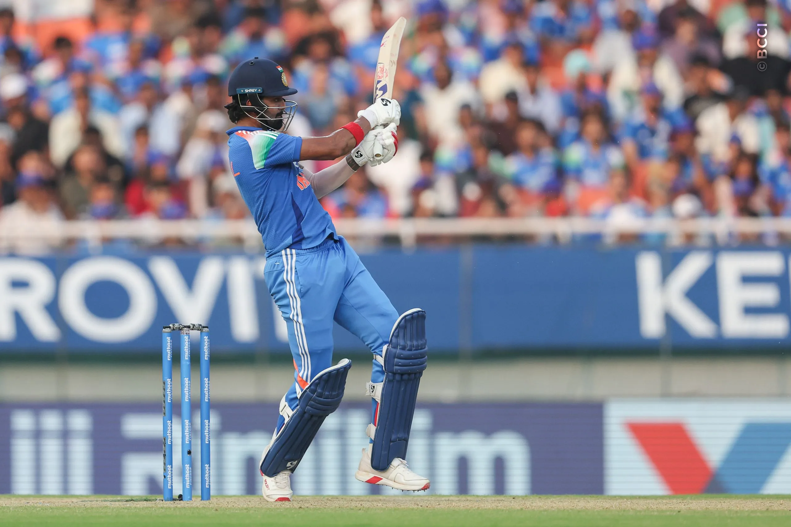 KL Rahul of India plays a shot during the 3rd ODI match between India and West Indies at the PCA International Cricket Stadium, Ground A, New Chandigarh, India on October 3, 2026.

Photo: Pankaj Nangia / CREIMAS for BCCI