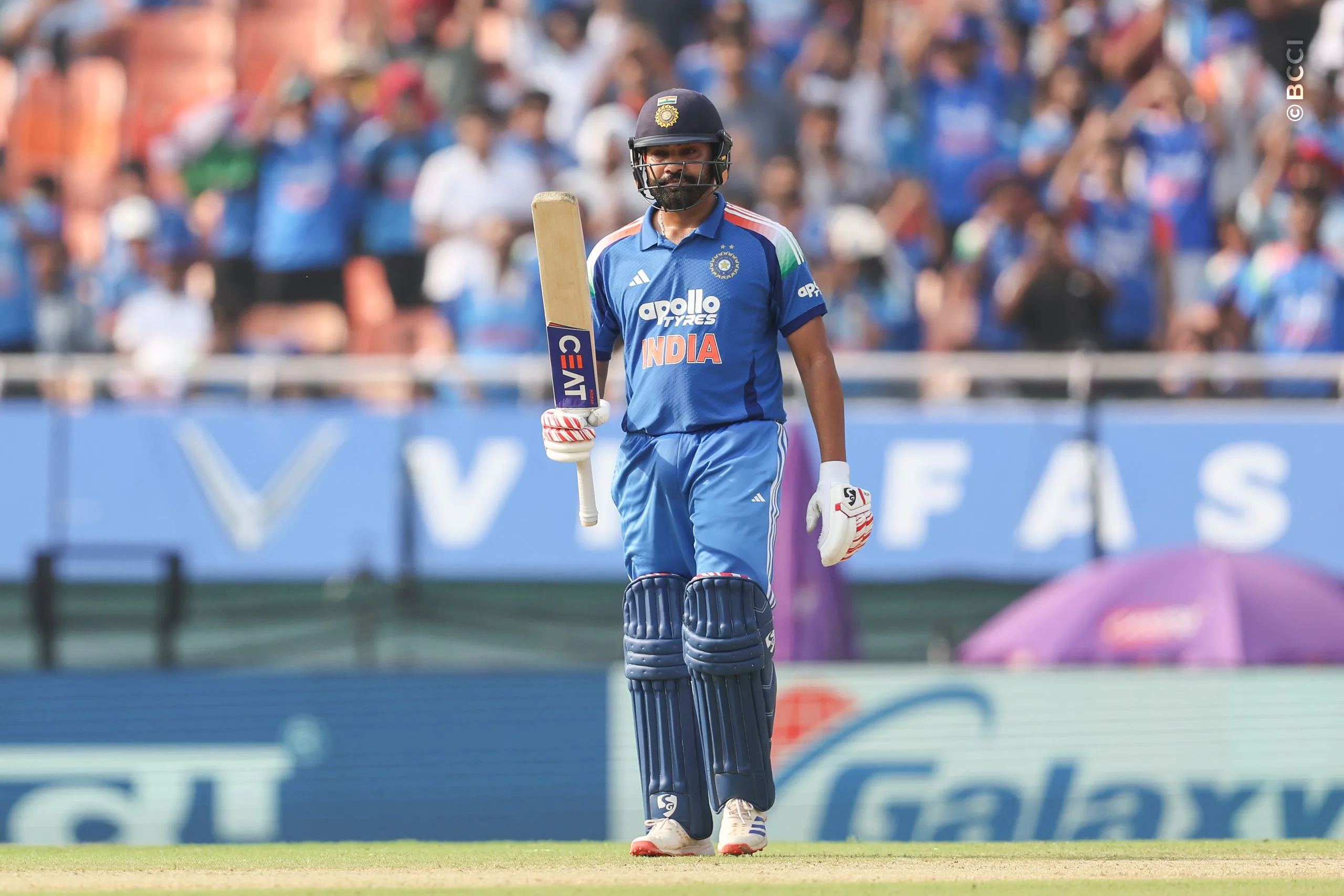 Rohit Sharma of India celebrates after scoring a fifty during the 3rd ODI match between India and West Indies at the PCA International Cricket Stadium, Ground A, New Chandigarh, India on October 3, 2026.

Photo: Pankaj Nangia / CREIMAS for BCCI