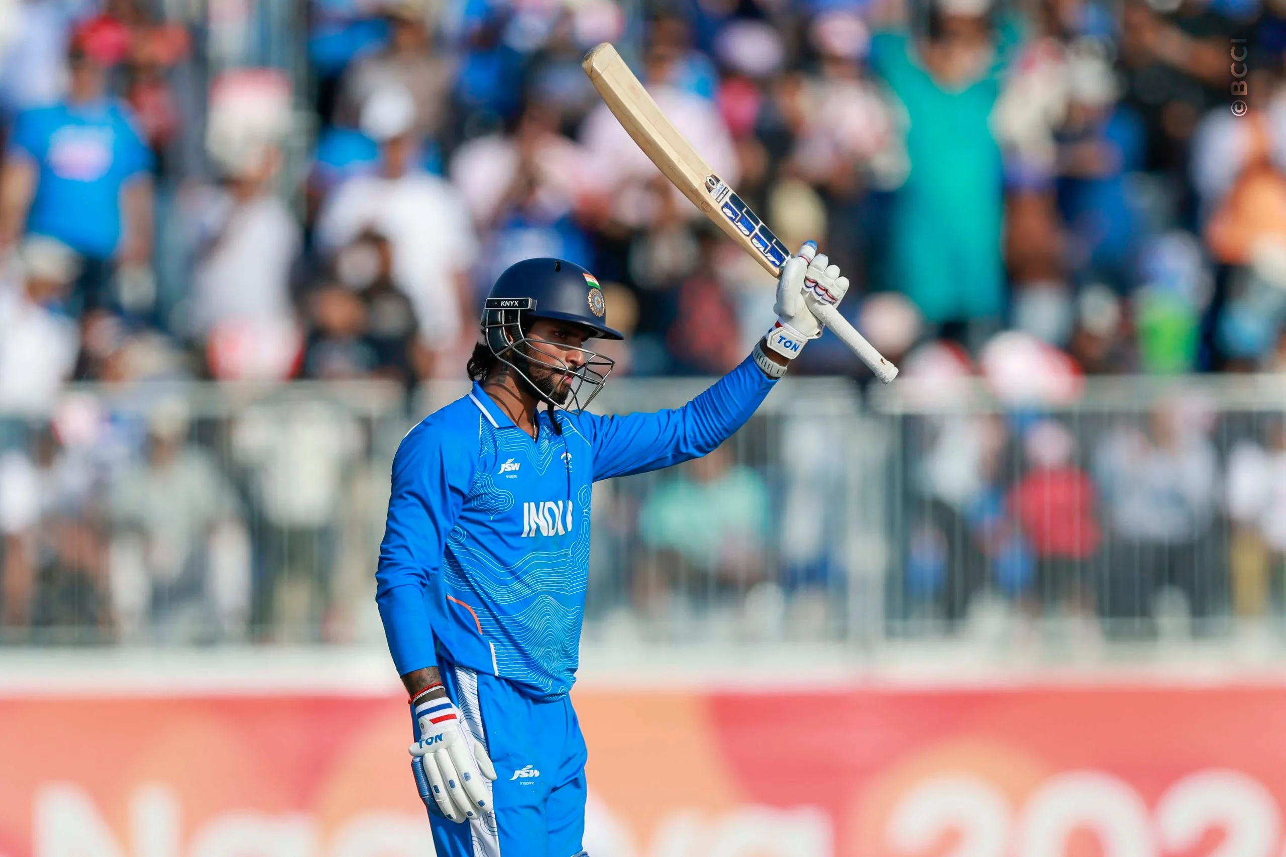 Tilak Varma of India celebrates after scoring a fifty during the Final match between the Pakistan and India at Korogi Sports Park, Nisshin, Japan, on October 3, 2026.Photo:  Deepak Malik / CREIMAS for BCCI